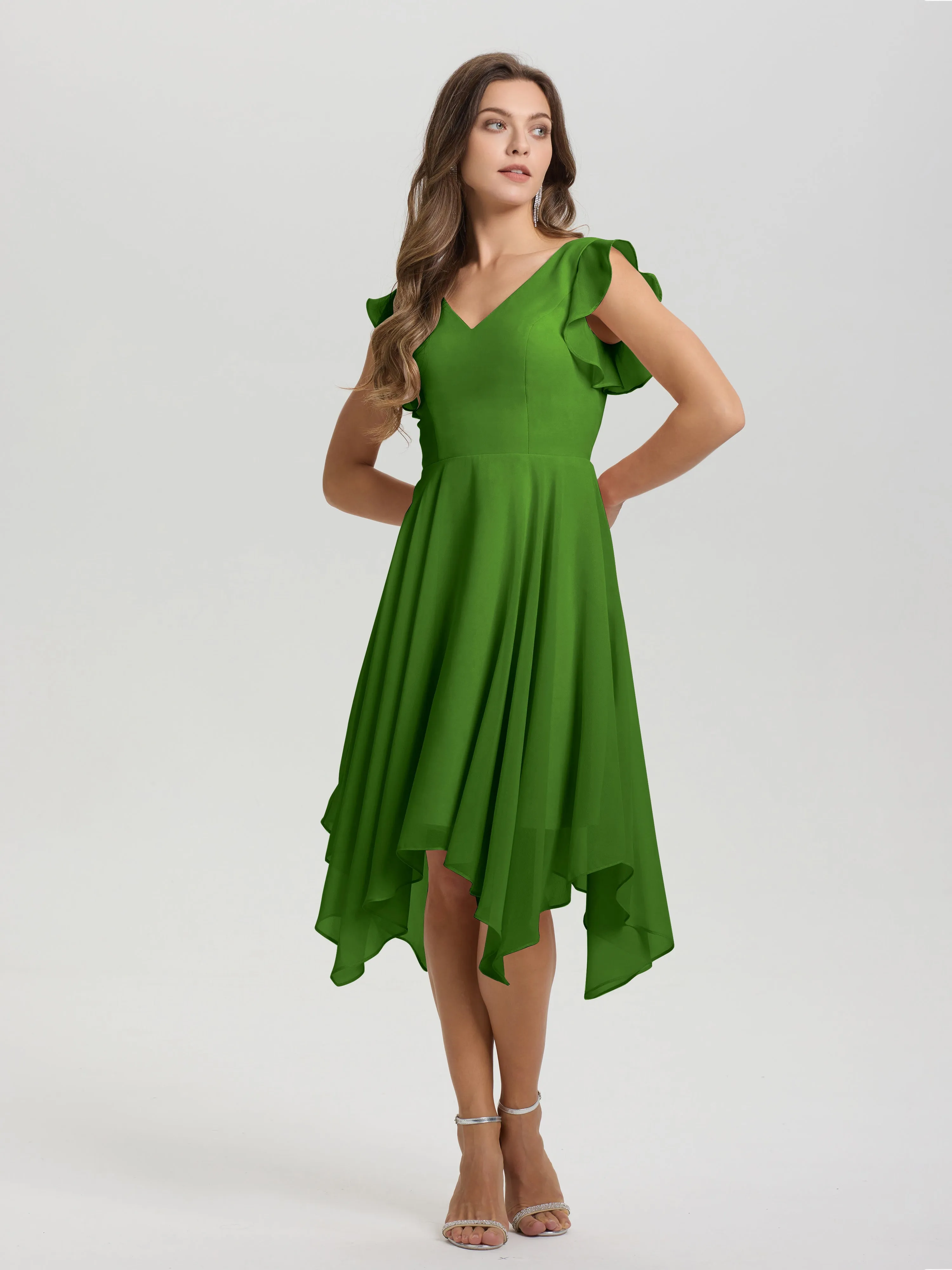 Ruffle Sleeves V-neck Asymmetrical Tea Length Chiffon Bridesmaid Dresses