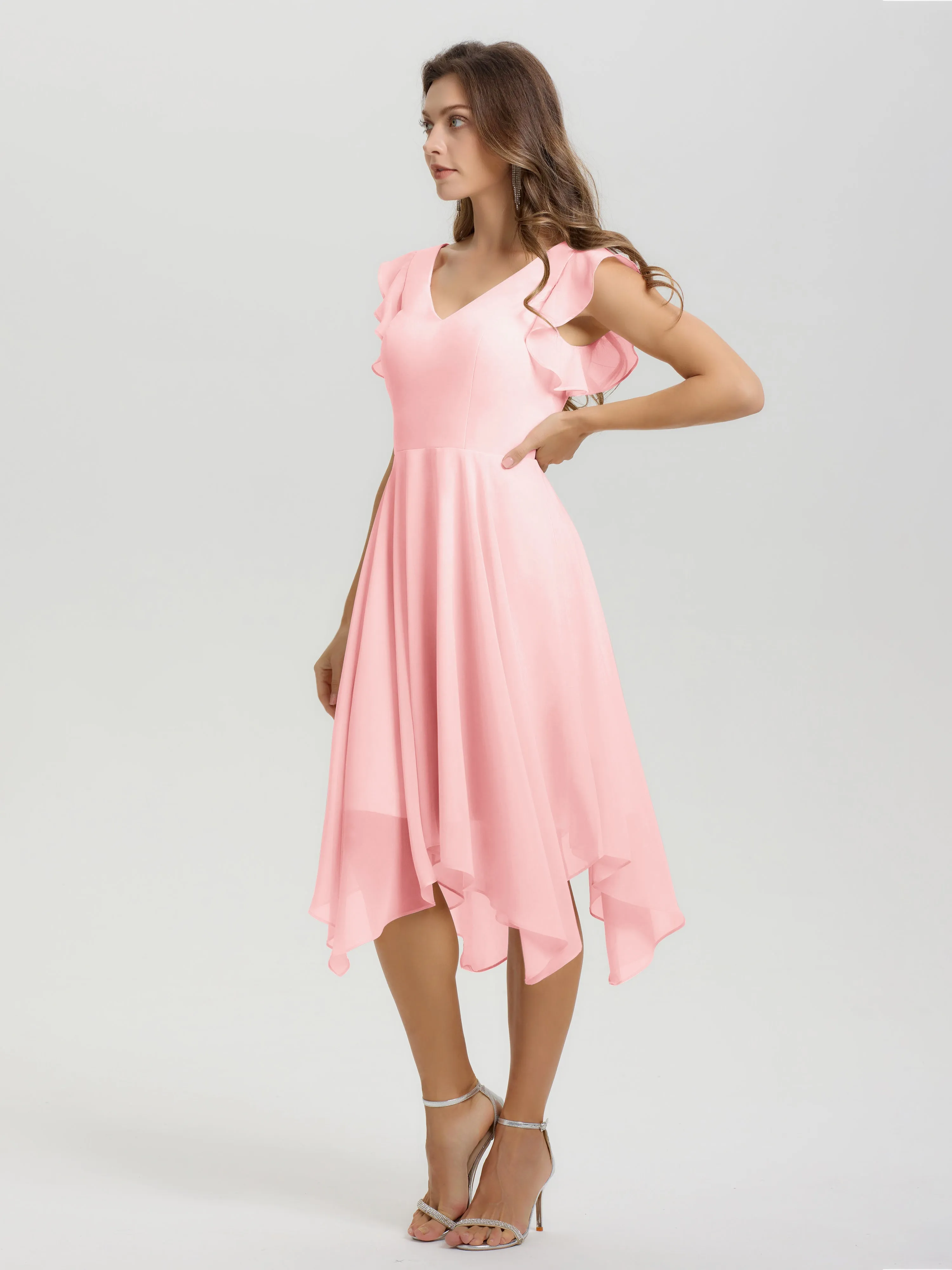 Ruffle Sleeves V-neck Asymmetrical Tea Length Chiffon Bridesmaid Dresses