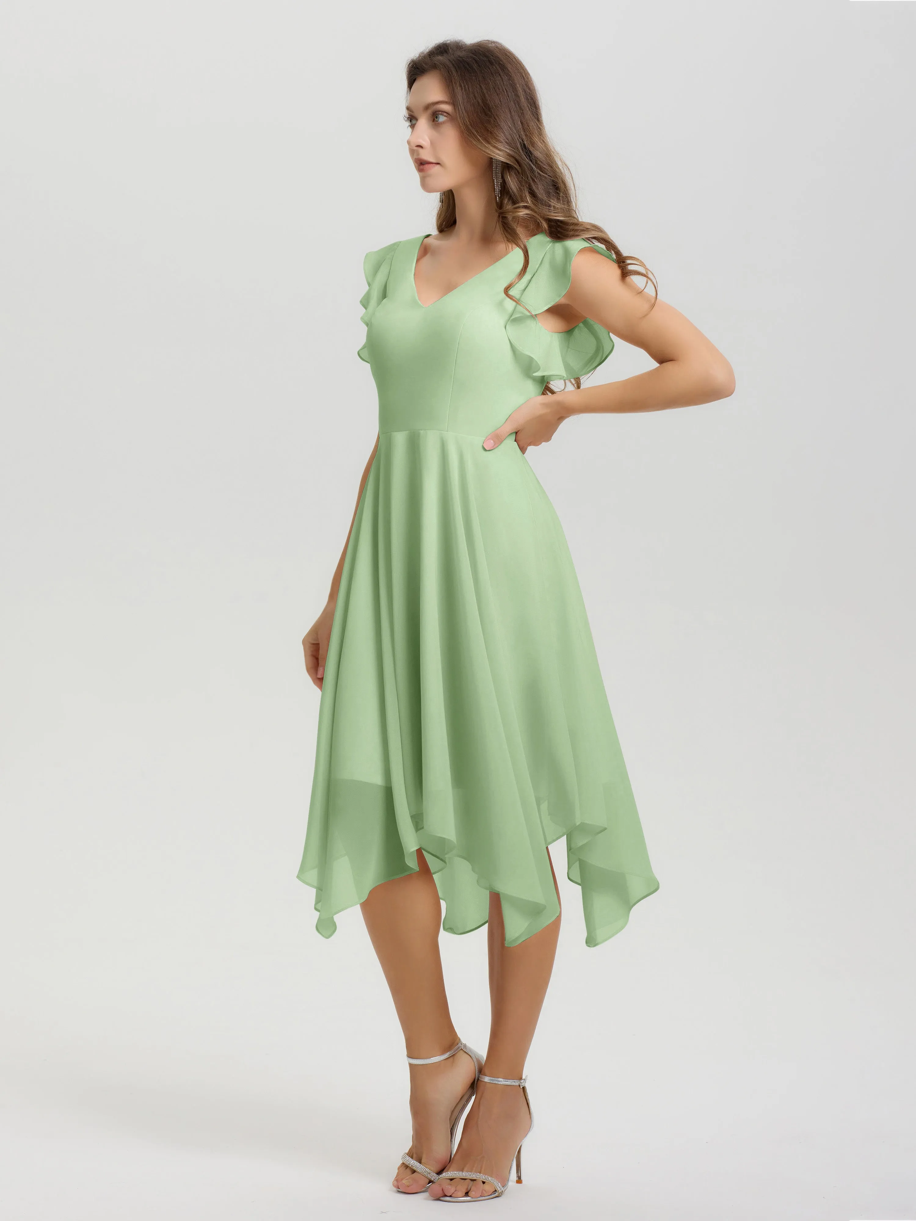 Ruffle Sleeves V-neck Asymmetrical Tea Length Chiffon Bridesmaid Dresses