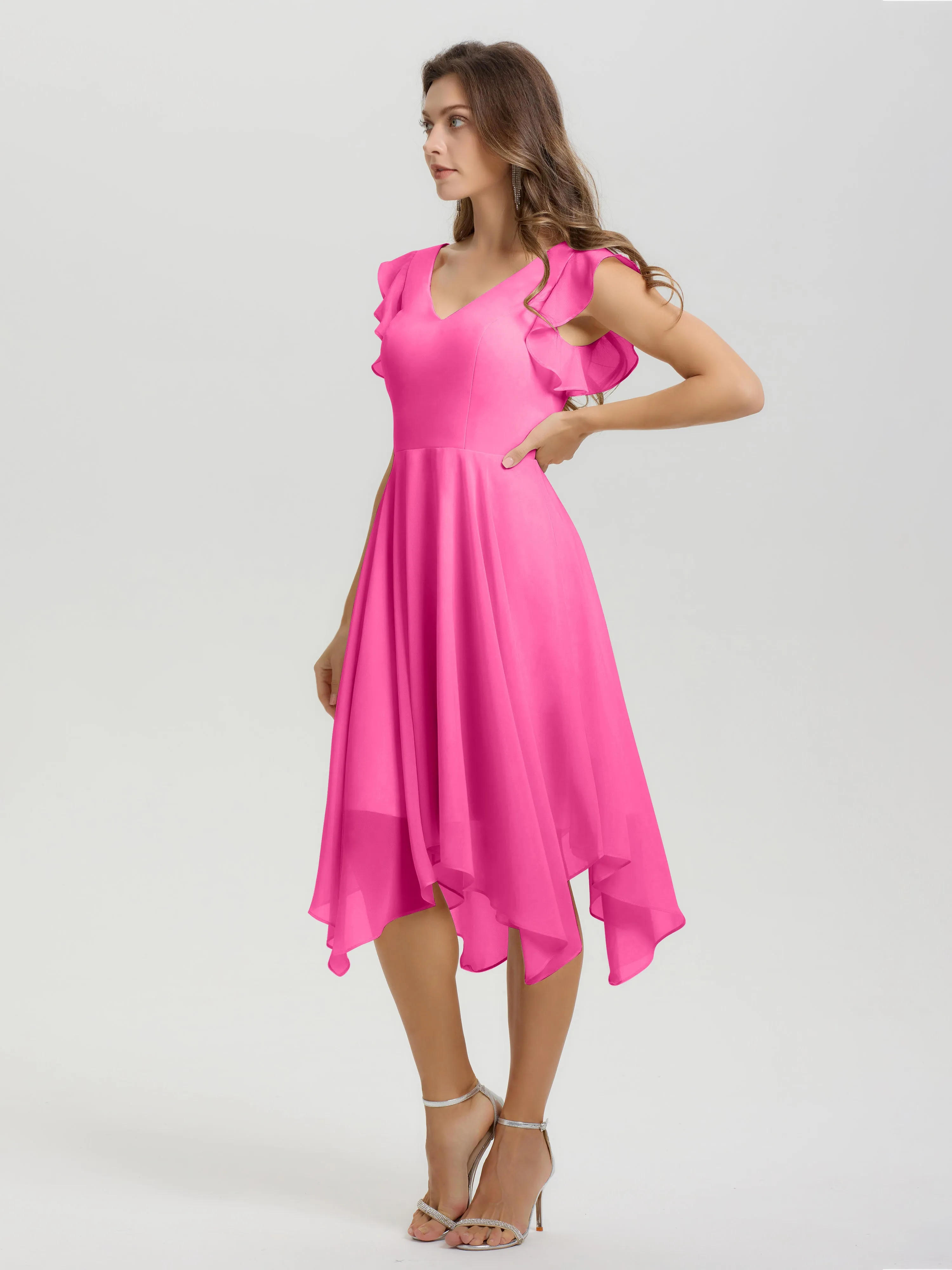 Ruffle Sleeves V-neck Asymmetrical Tea Length Chiffon Bridesmaid Dresses