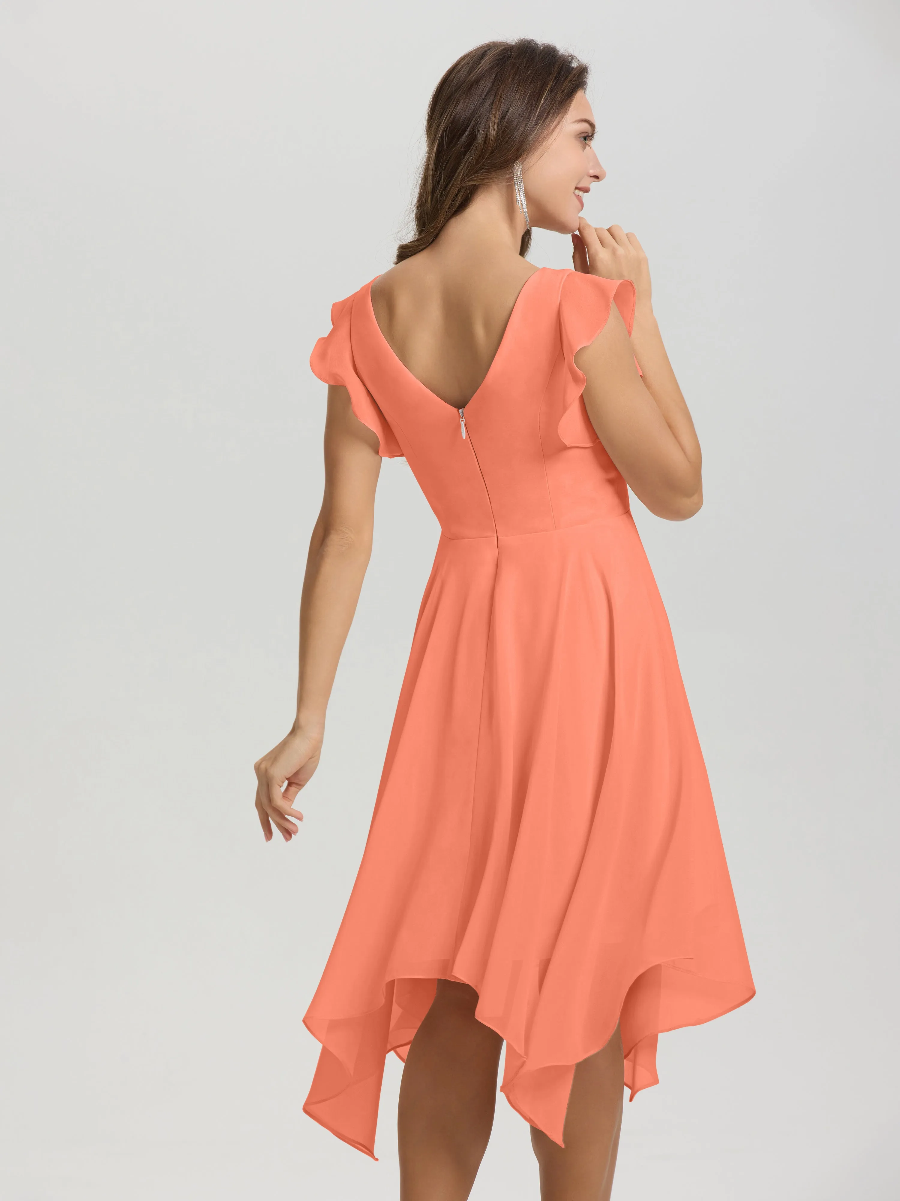 Ruffle Sleeves V-neck Asymmetrical Tea Length Chiffon Bridesmaid Dresses