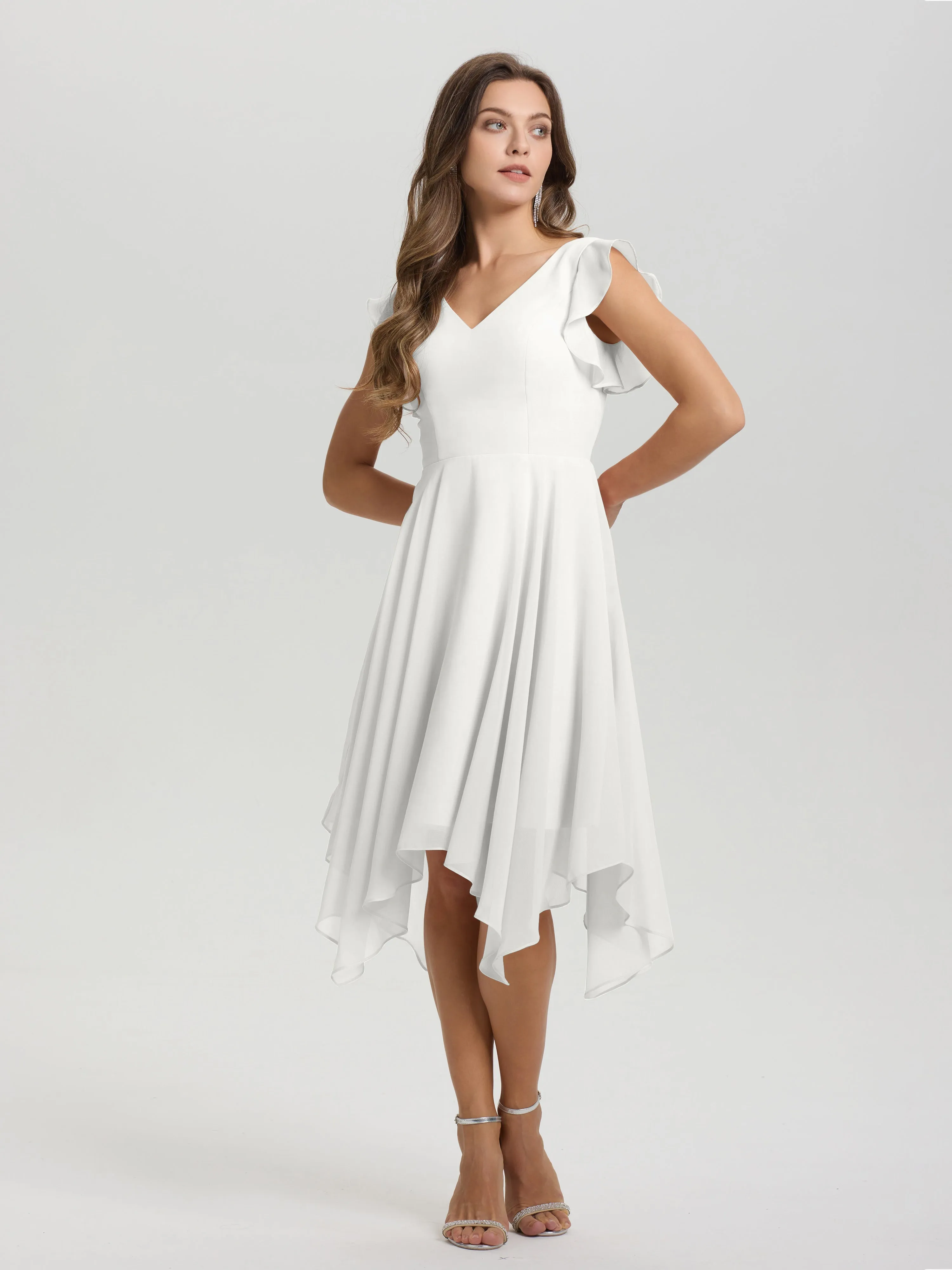 Ruffle Sleeves V-neck Asymmetrical Tea Length Chiffon Bridesmaid Dresses