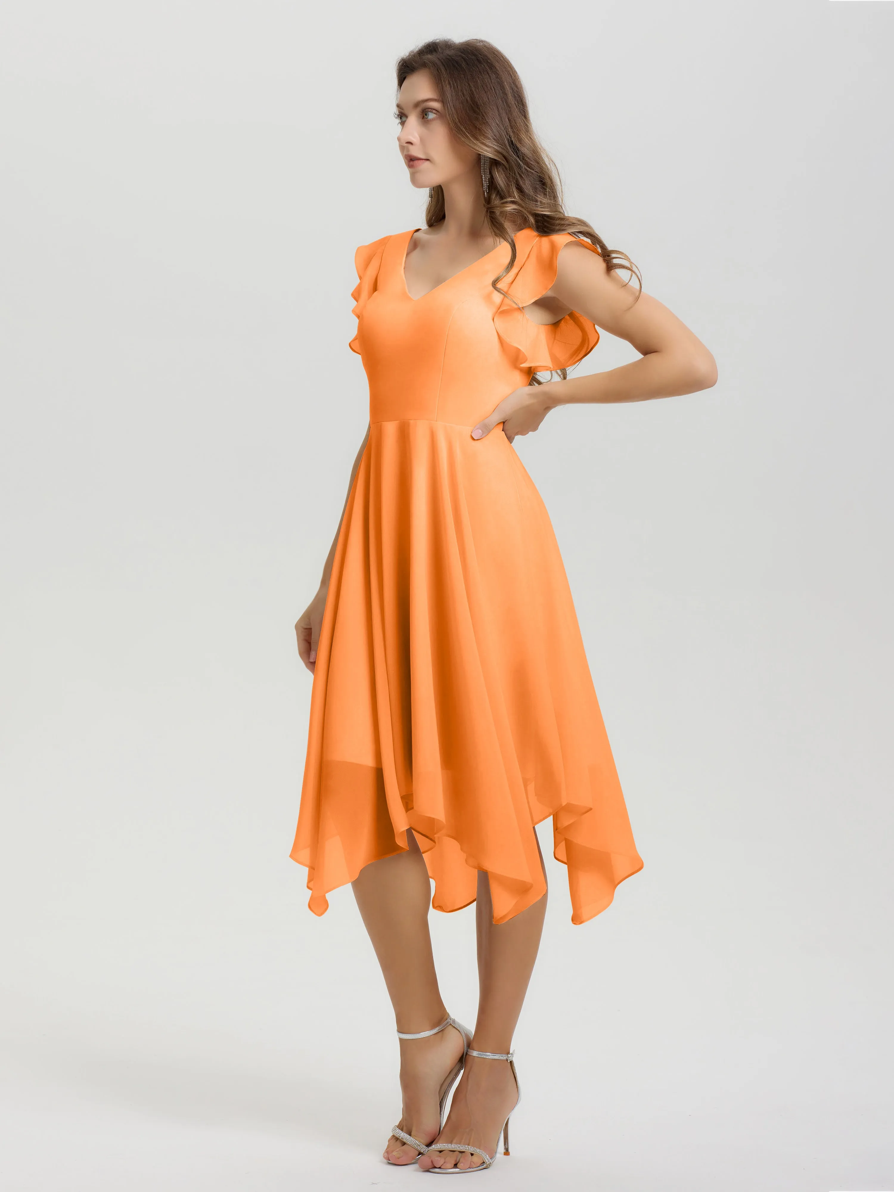 Ruffle Sleeves V-neck Asymmetrical Tea Length Chiffon Bridesmaid Dresses