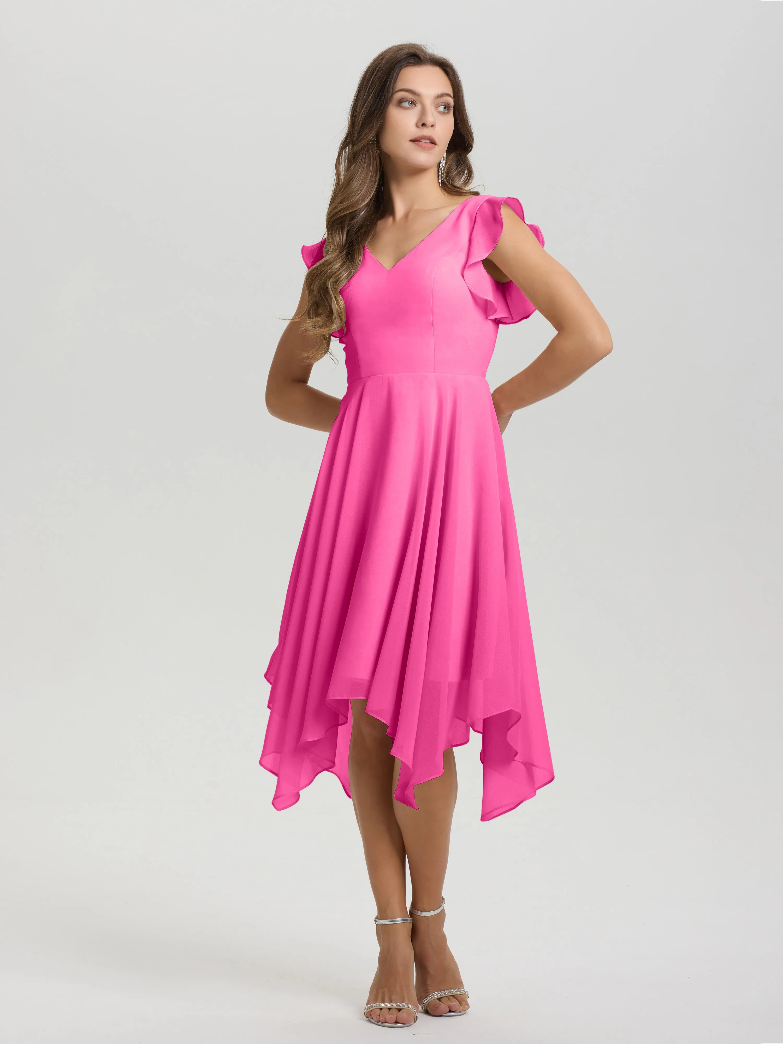 Ruffle Sleeves V-neck Asymmetrical Tea Length Chiffon Bridesmaid Dresses