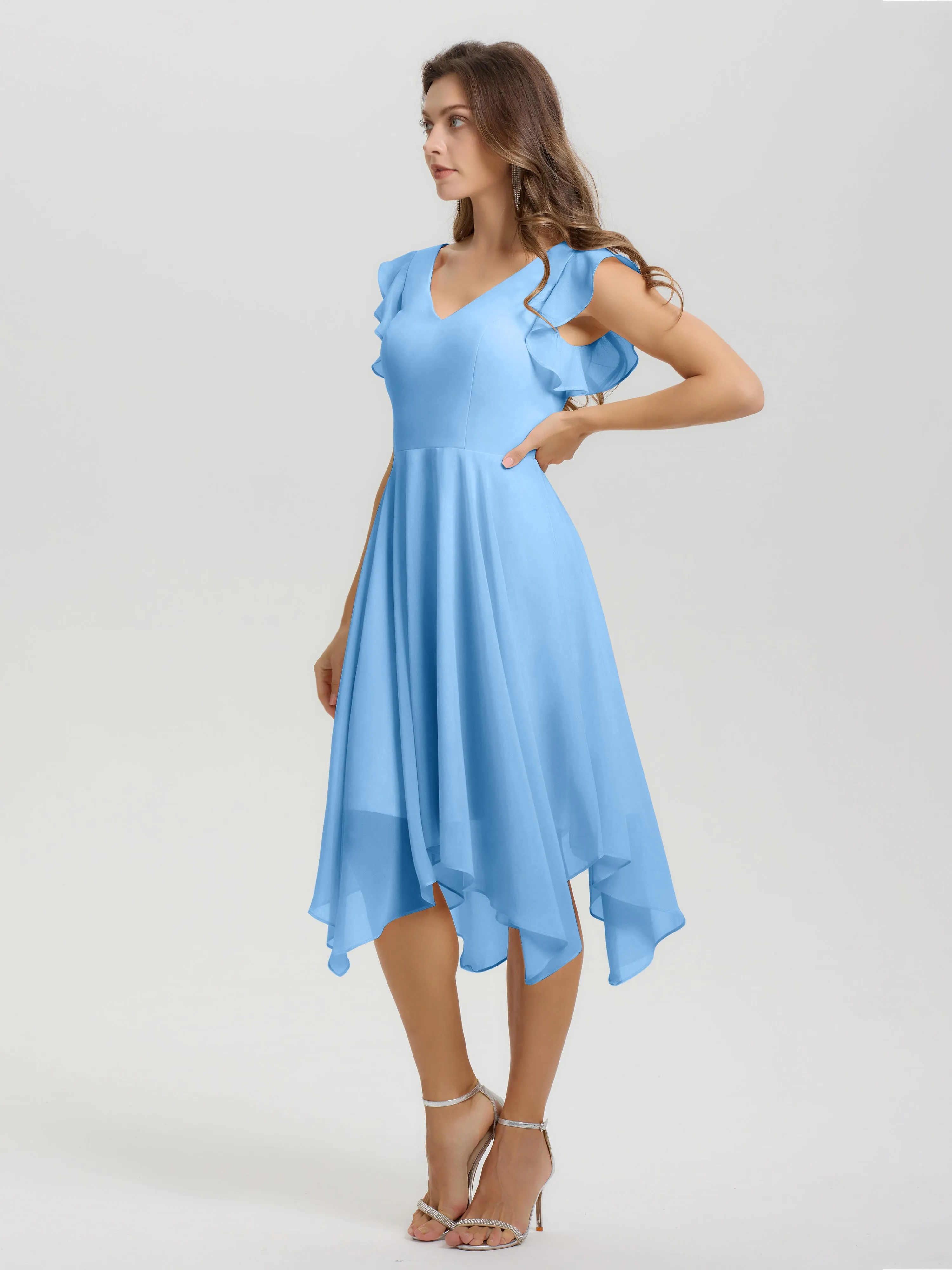 Ruffle Sleeves V-neck Asymmetrical Tea Length Chiffon Bridesmaid Dresses