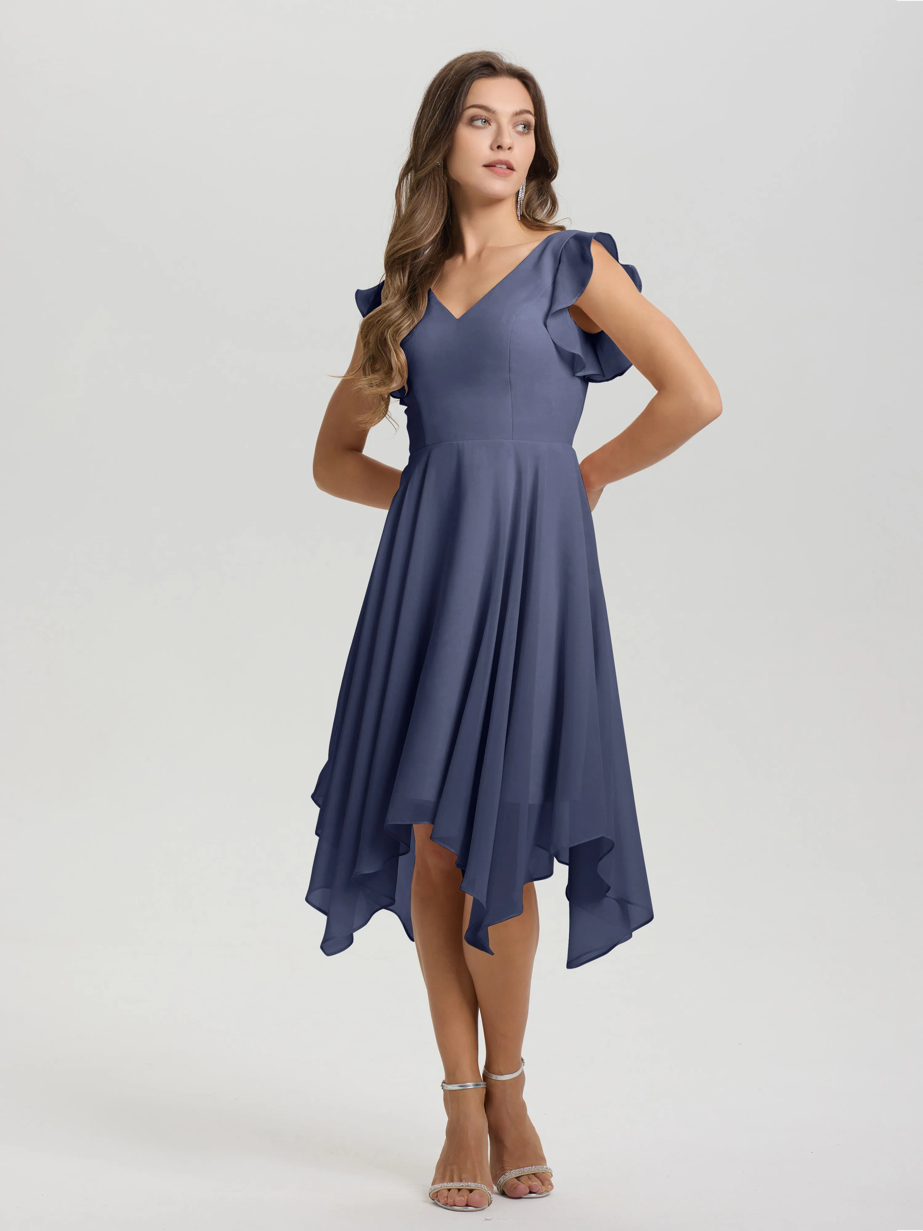 Ruffle Sleeves V-neck Asymmetrical Tea Length Chiffon Bridesmaid Dresses