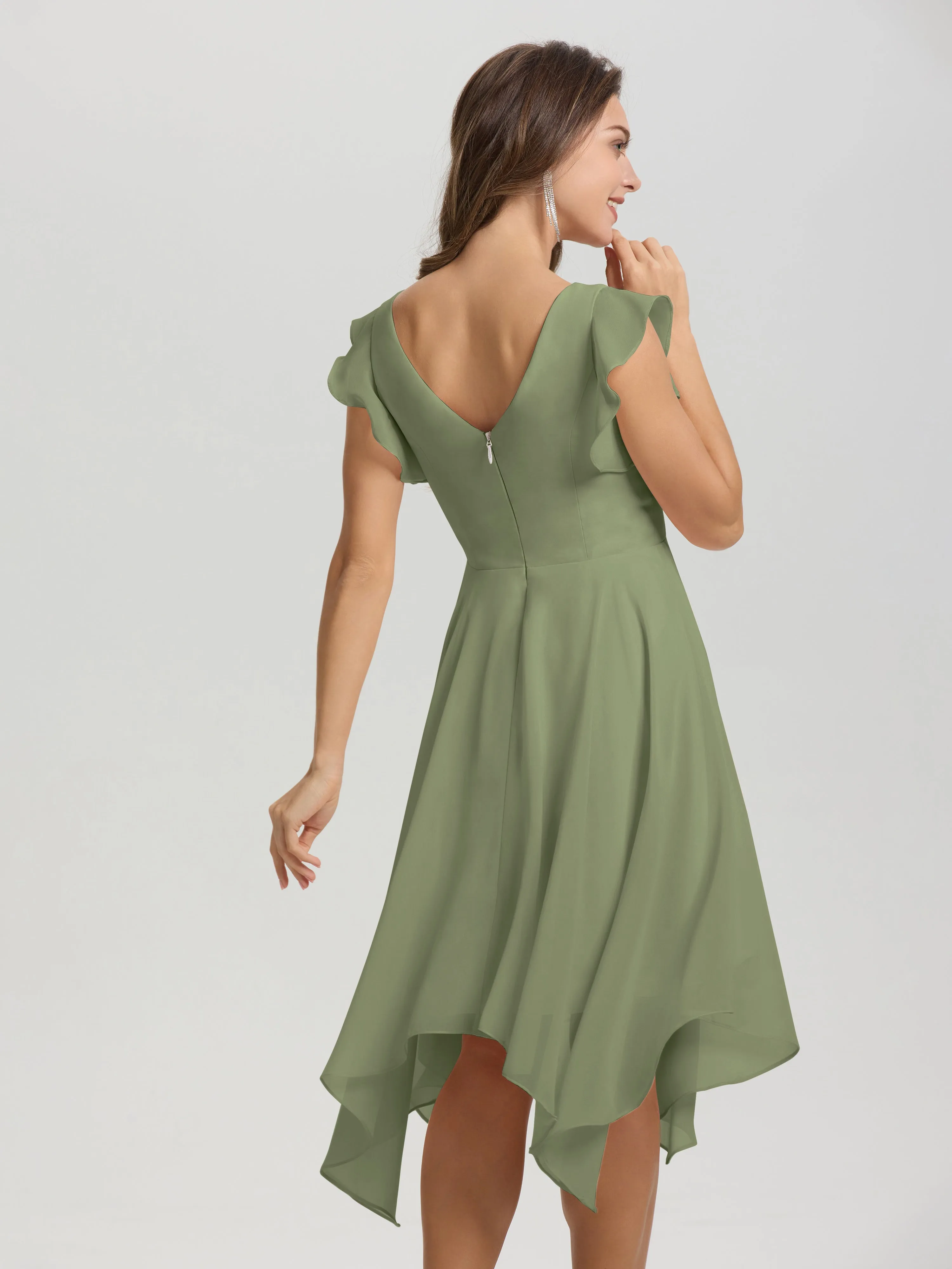 Ruffle Sleeves V-neck Asymmetrical Tea Length Chiffon Bridesmaid Dresses