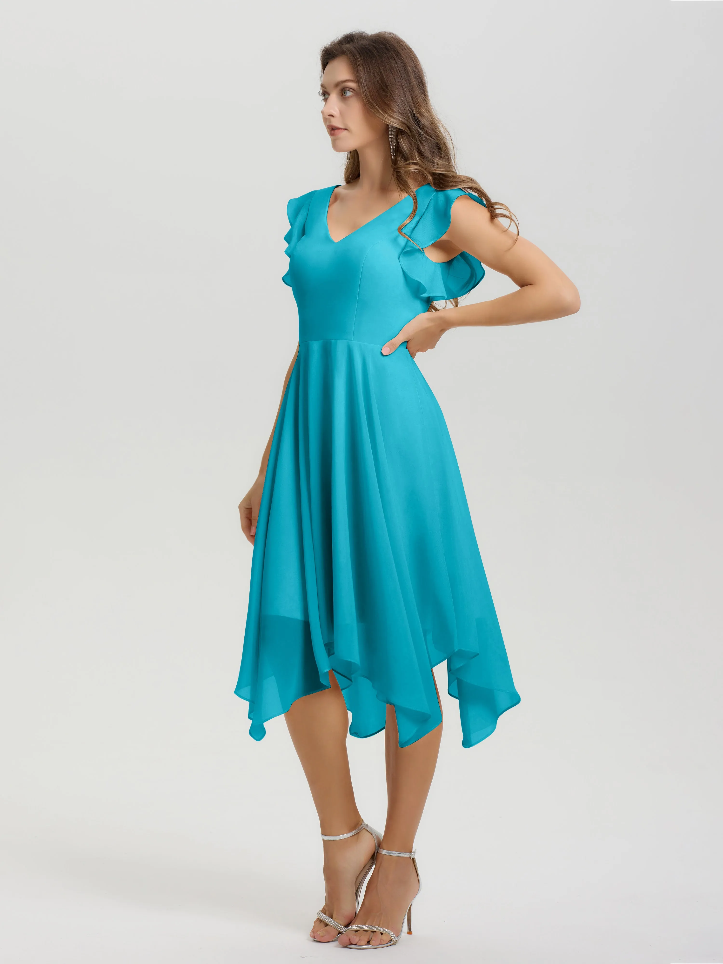 Ruffle Sleeves V-neck Asymmetrical Tea Length Chiffon Bridesmaid Dresses