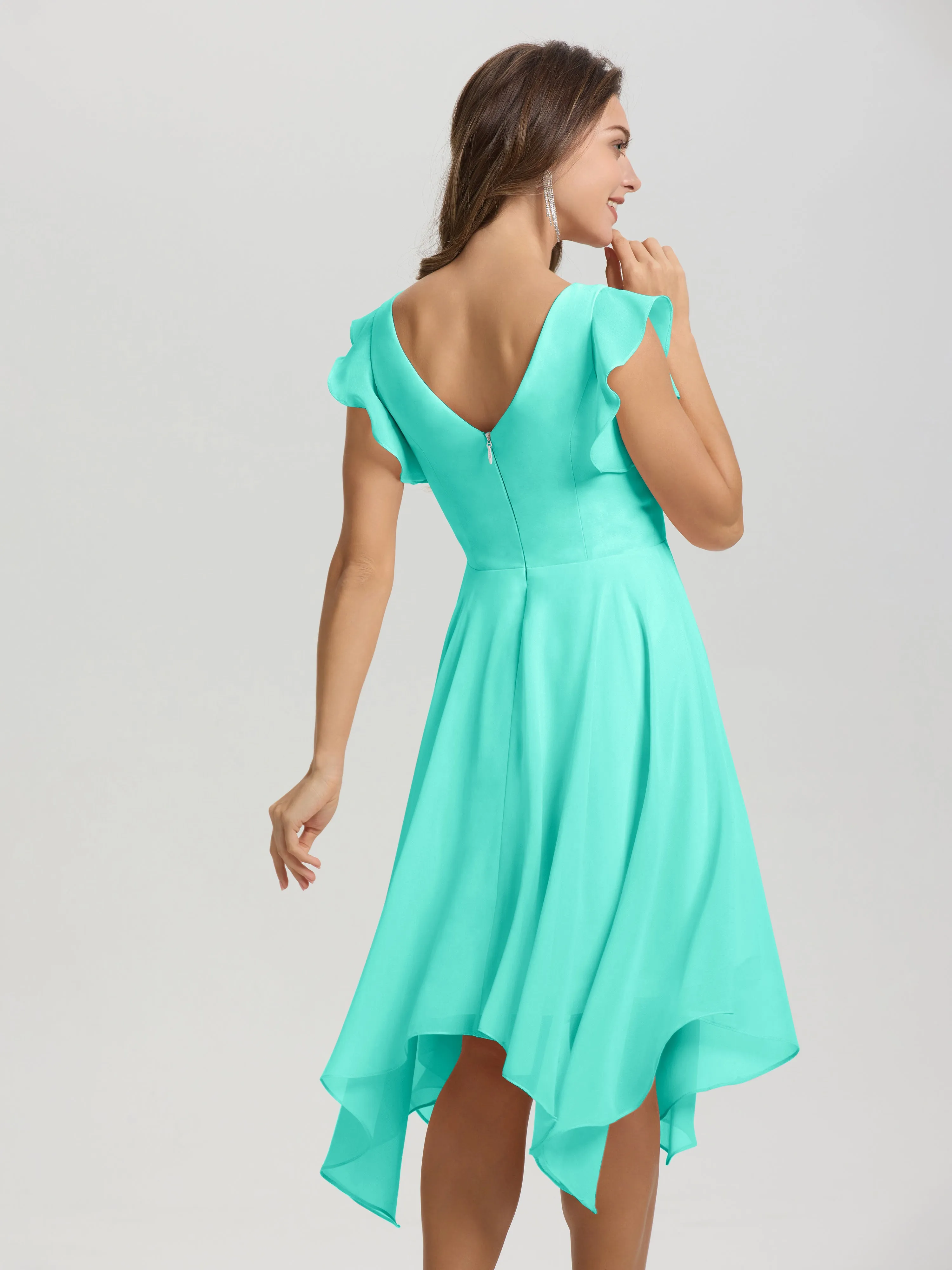 Ruffle Sleeves V-neck Asymmetrical Tea Length Chiffon Bridesmaid Dresses