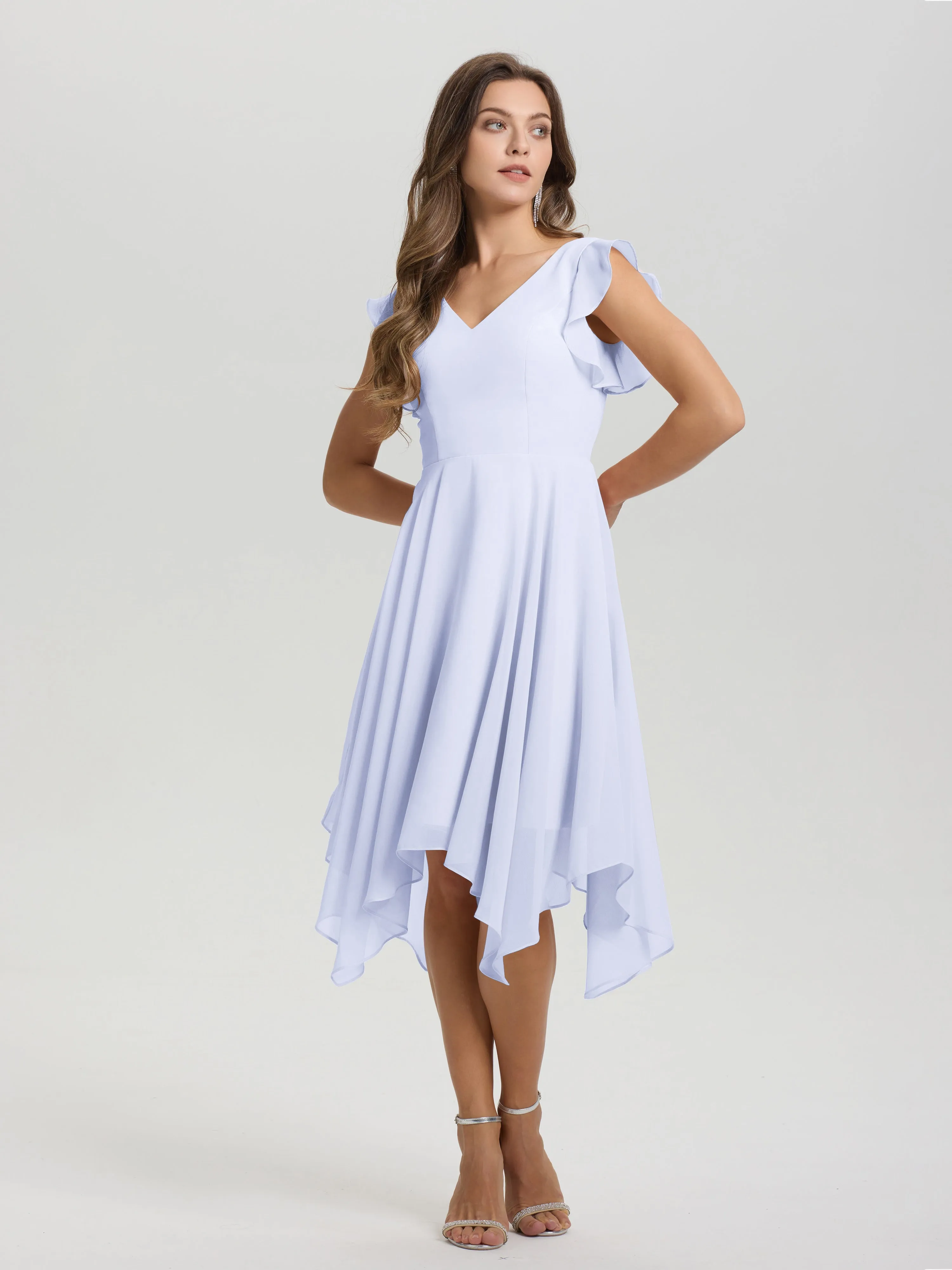 Ruffle Sleeves V-neck Asymmetrical Tea Length Chiffon Bridesmaid Dresses