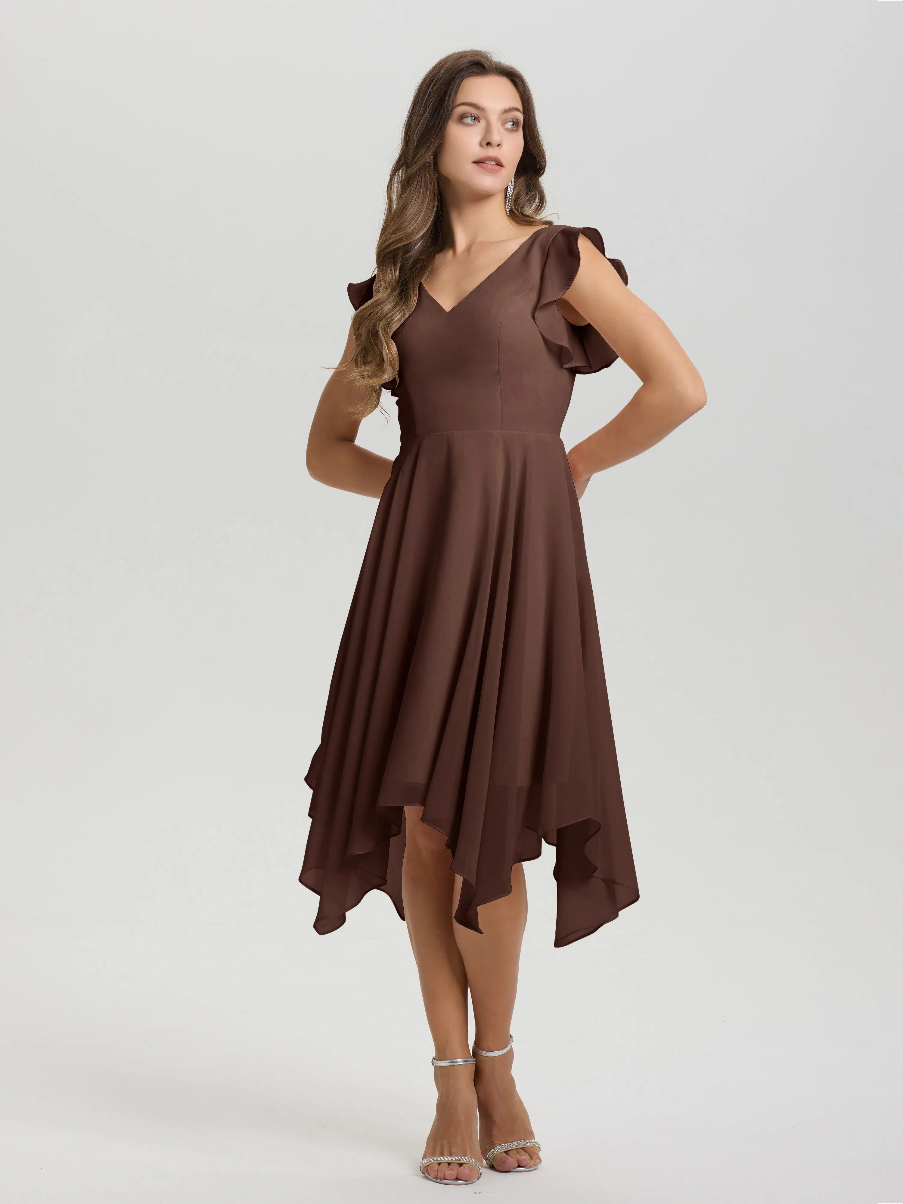 Ruffle Sleeves V-neck Asymmetrical Tea Length Chiffon Bridesmaid Dresses
