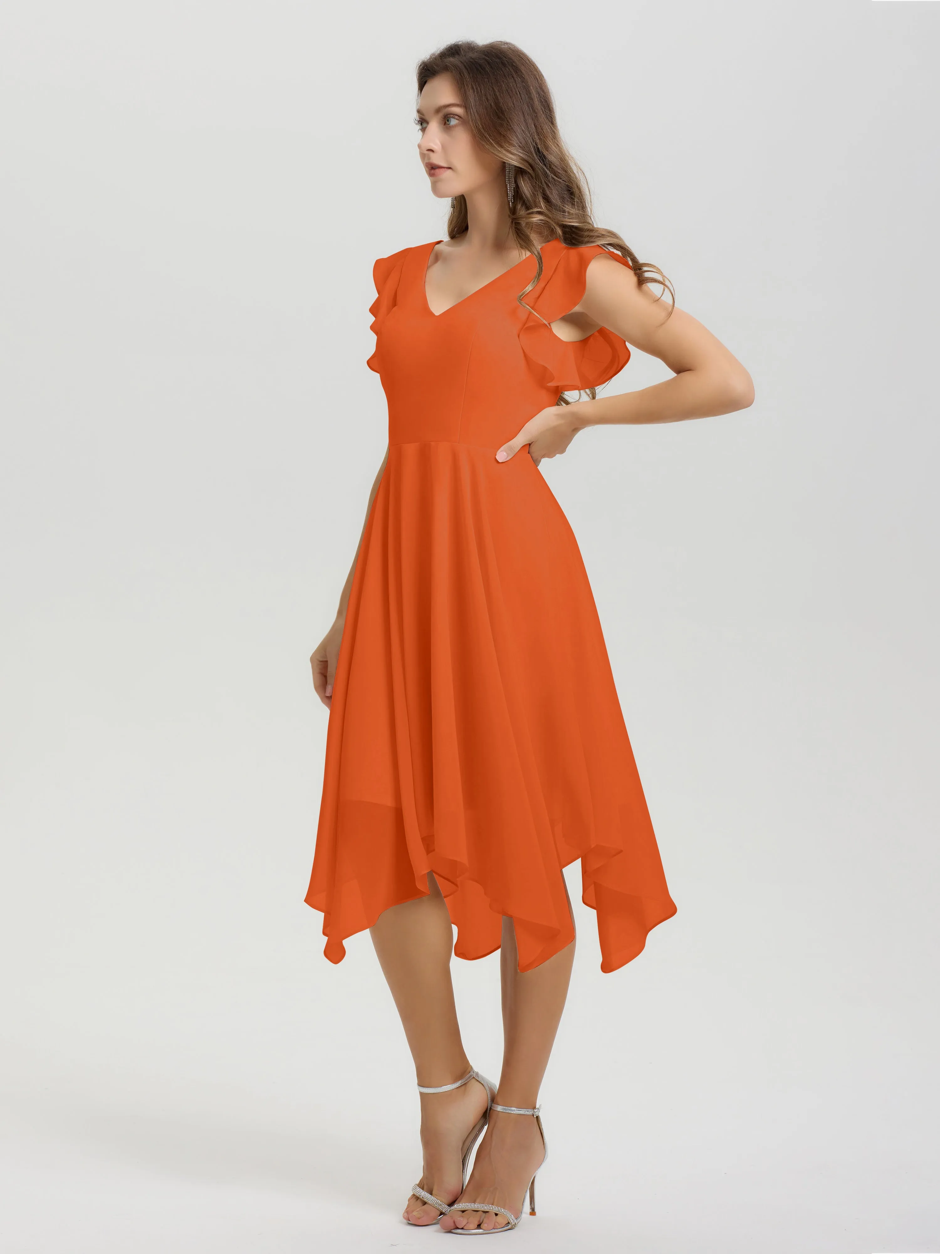 Ruffle Sleeves V-neck Asymmetrical Tea Length Chiffon Bridesmaid Dresses