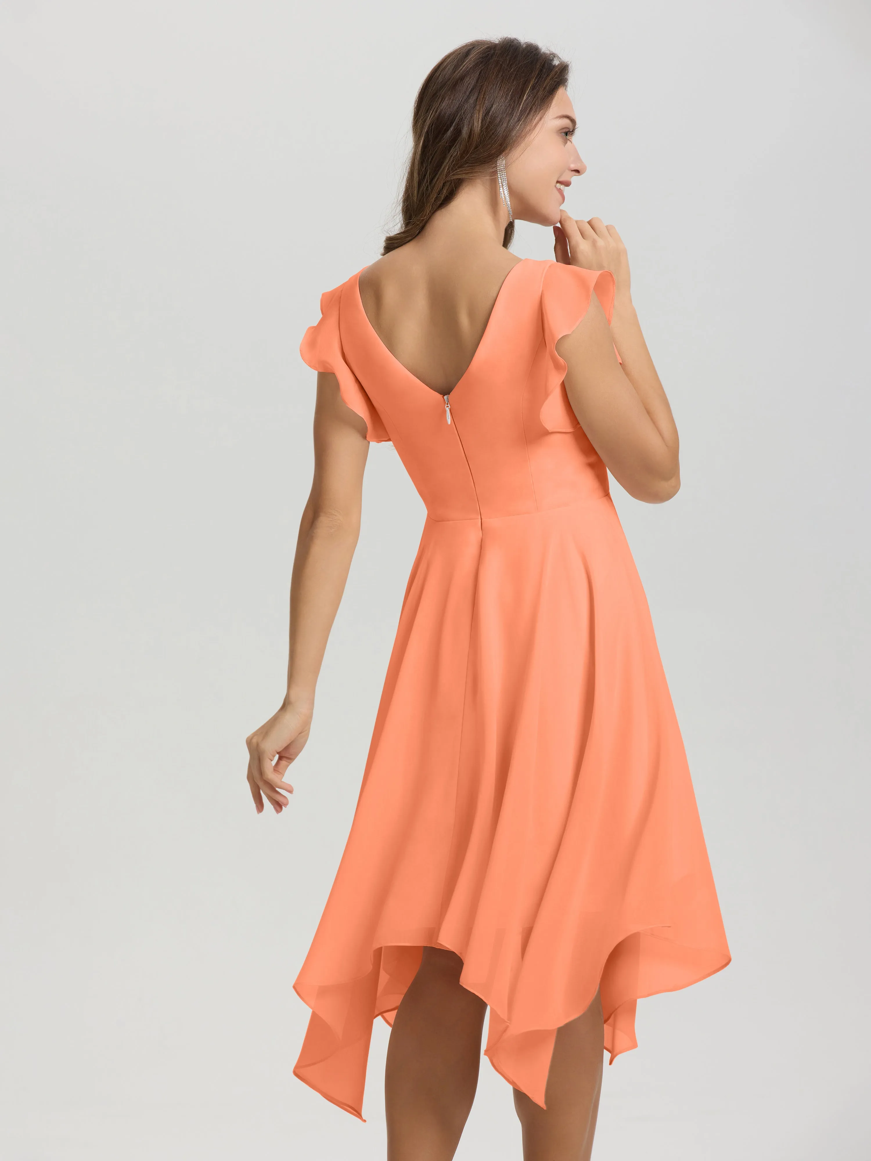 Ruffle Sleeves V-neck Asymmetrical Tea Length Chiffon Bridesmaid Dresses