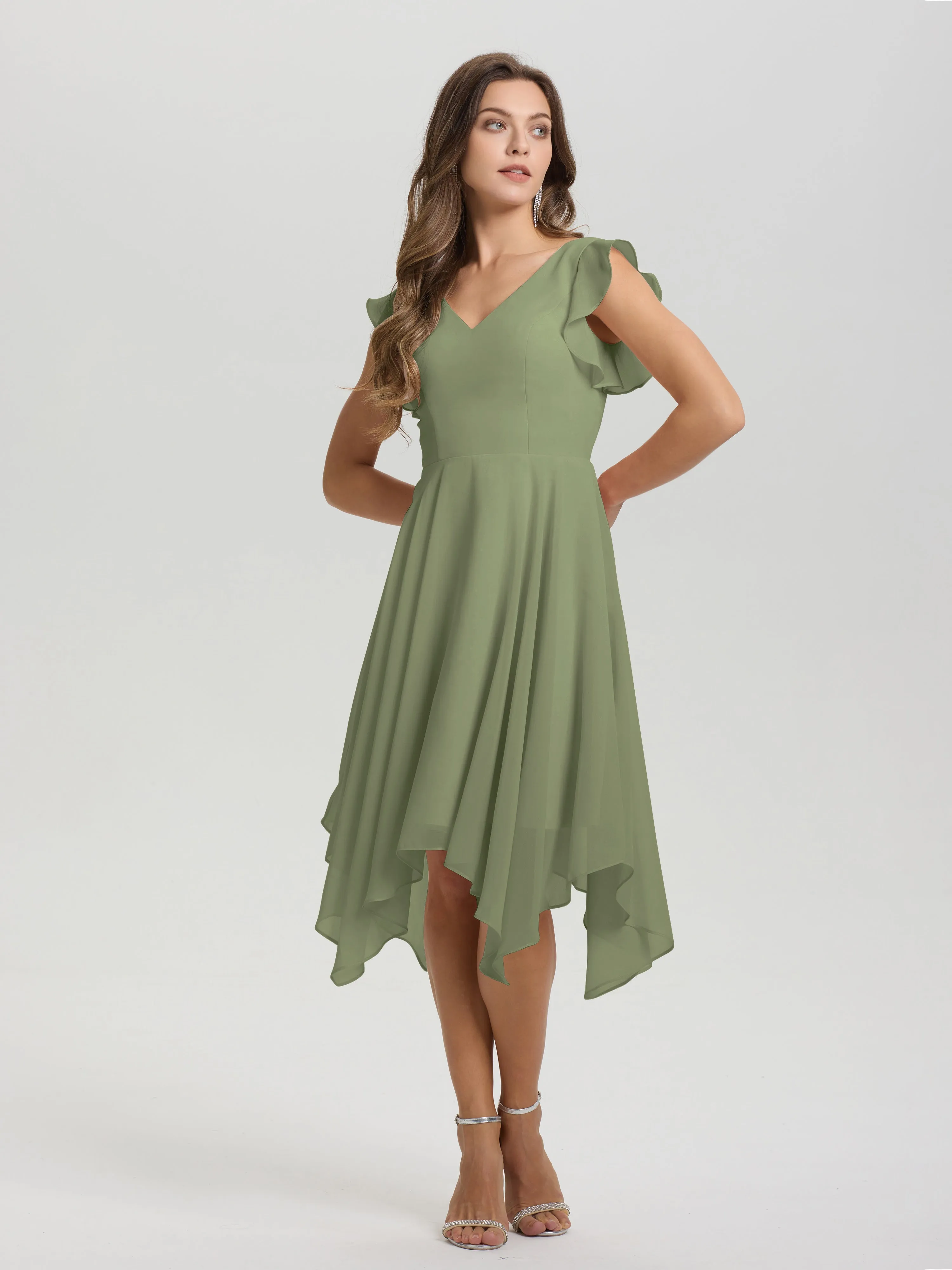 Ruffle Sleeves V-neck Asymmetrical Tea Length Chiffon Bridesmaid Dresses