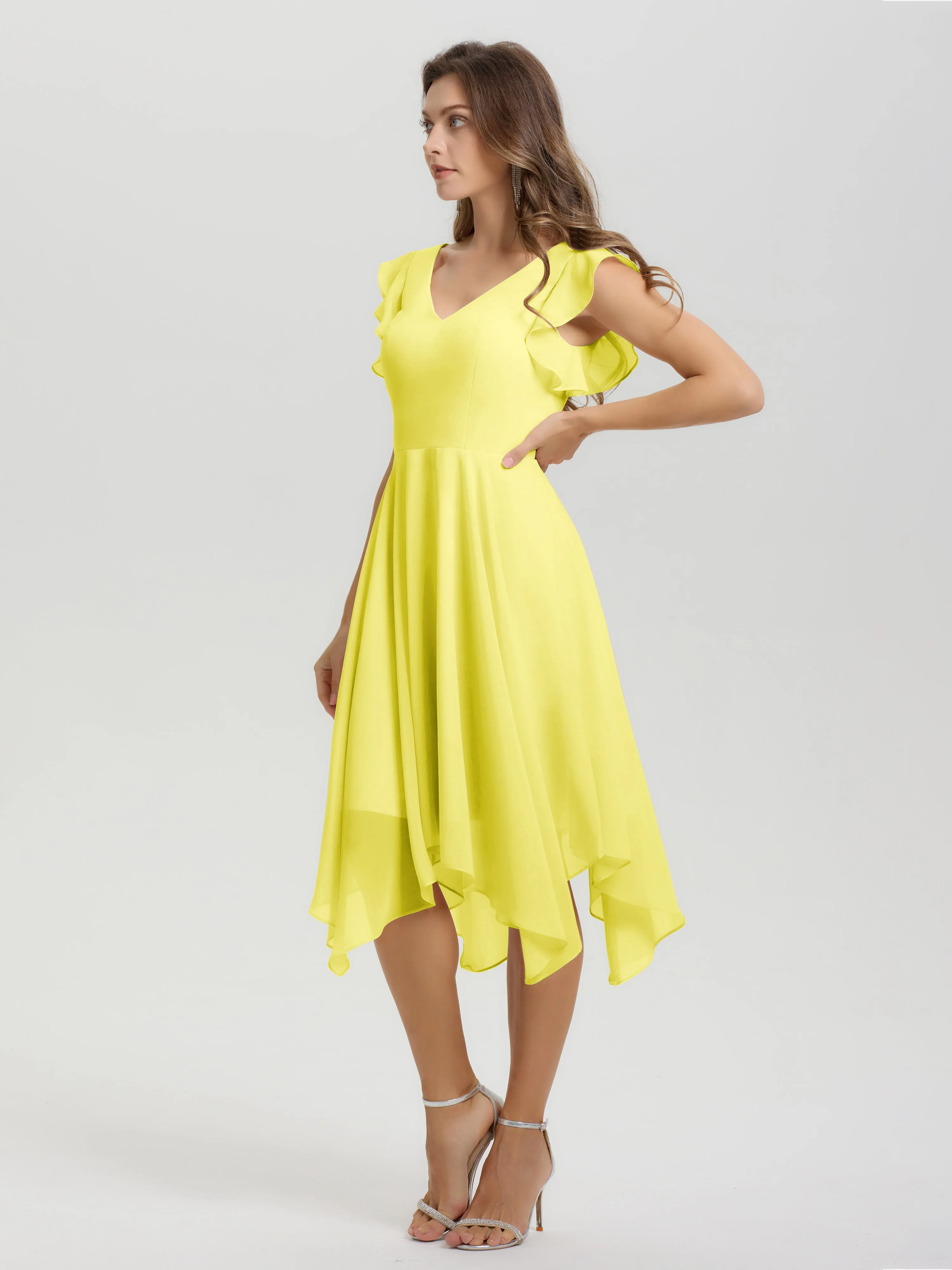 Ruffle Sleeves V-neck Asymmetrical Tea Length Chiffon Bridesmaid Dresses