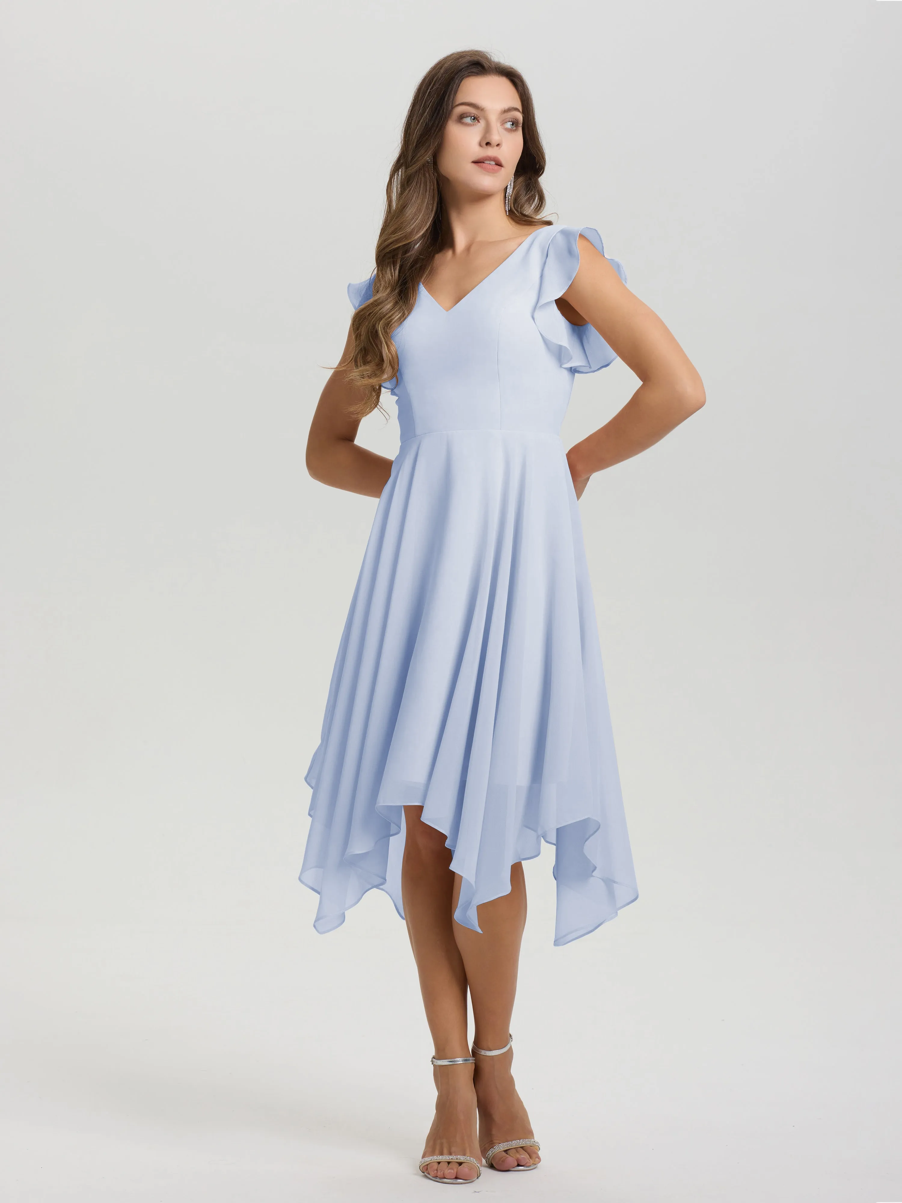 Ruffle Sleeves V-neck Asymmetrical Tea Length Chiffon Bridesmaid Dresses