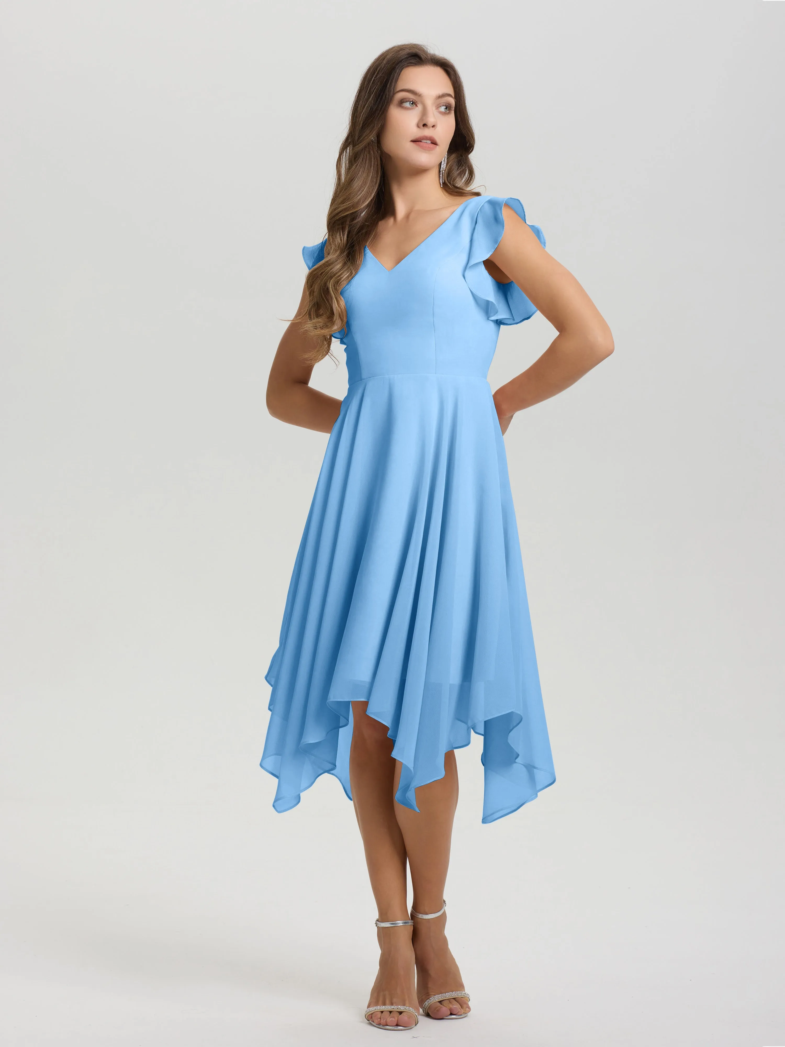Ruffle Sleeves V-neck Asymmetrical Tea Length Chiffon Bridesmaid Dresses