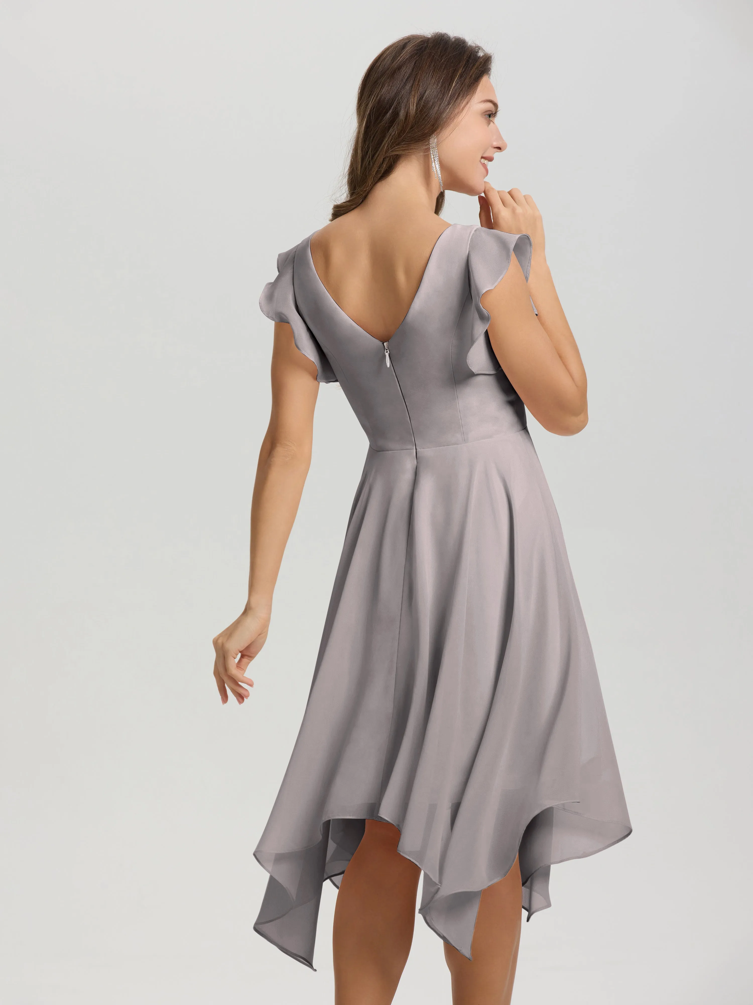 Ruffle Sleeves V-neck Asymmetrical Tea Length Chiffon Bridesmaid Dresses