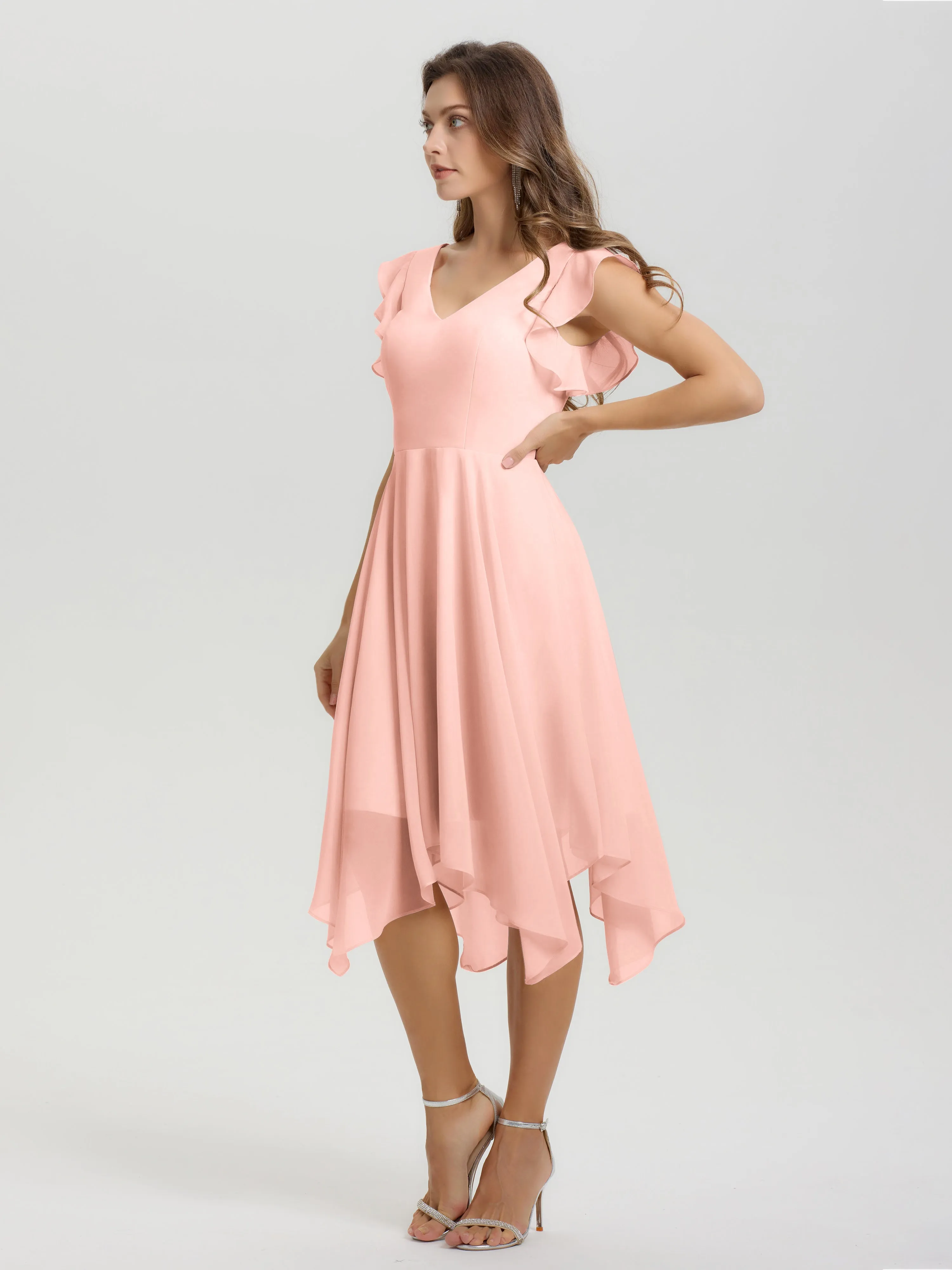Ruffle Sleeves V-neck Asymmetrical Tea Length Chiffon Bridesmaid Dresses