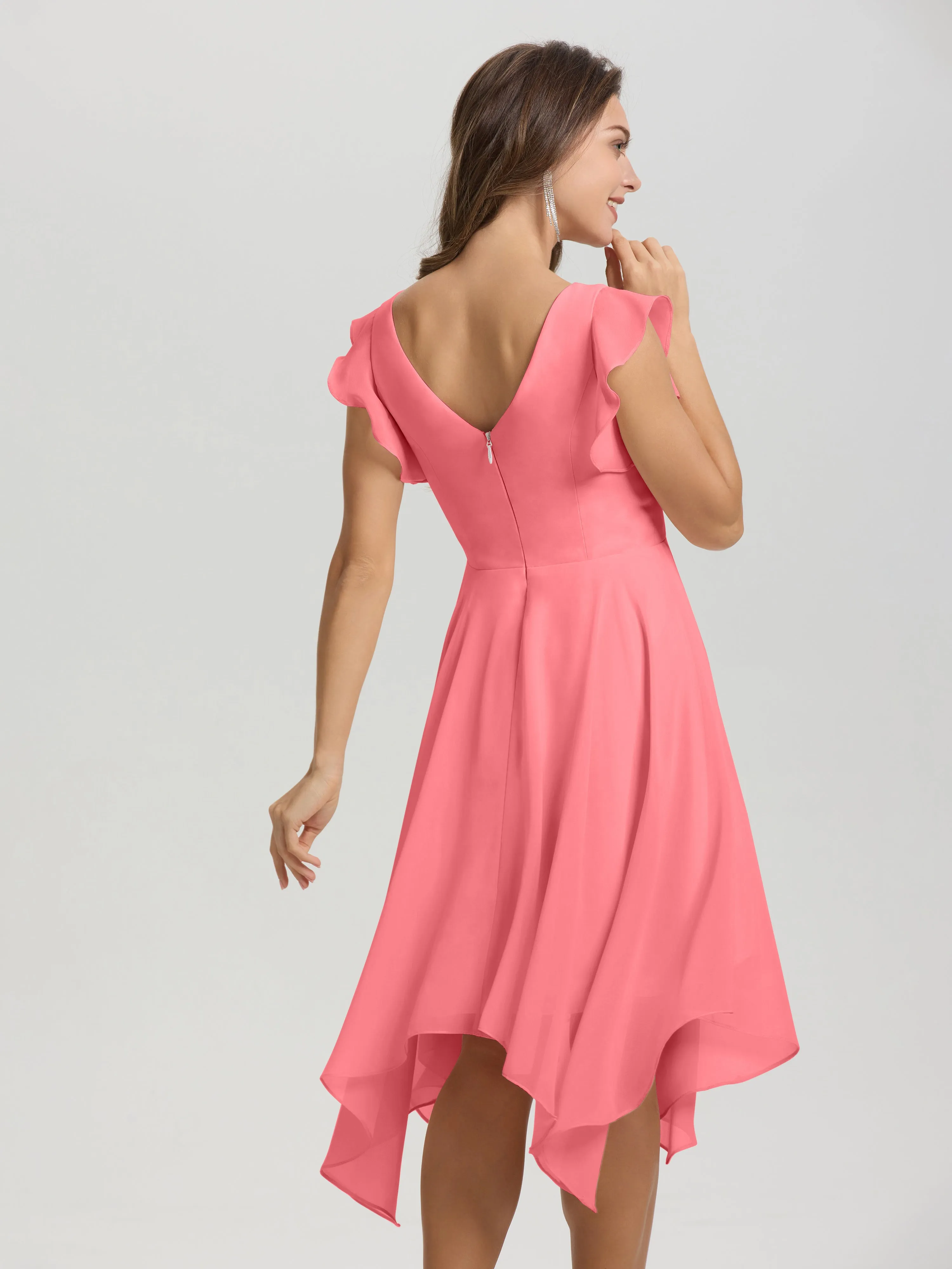 Ruffle Sleeves V-neck Asymmetrical Tea Length Chiffon Bridesmaid Dresses