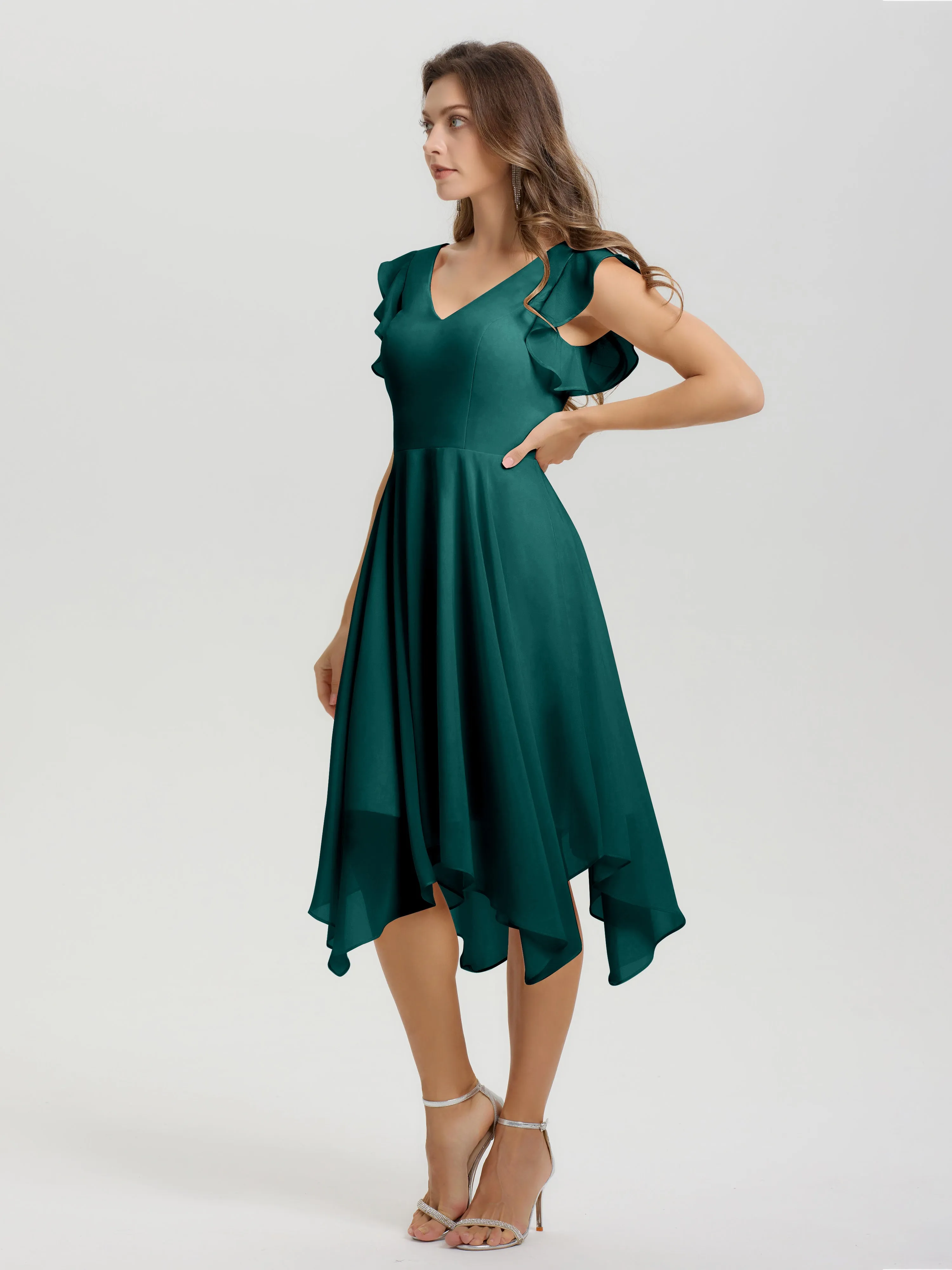 Ruffle Sleeves V-neck Asymmetrical Tea Length Chiffon Bridesmaid Dresses