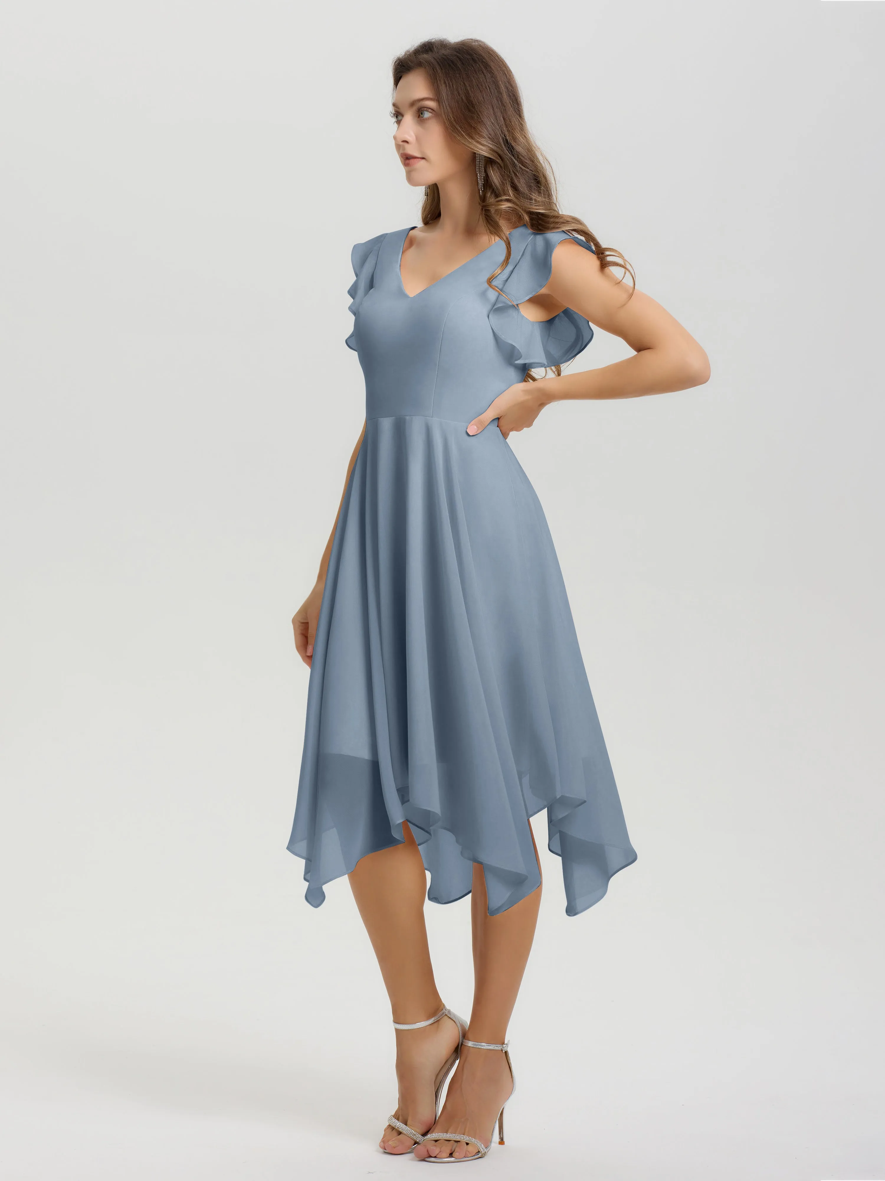 Ruffle Sleeves V-neck Asymmetrical Tea Length Chiffon Bridesmaid Dresses