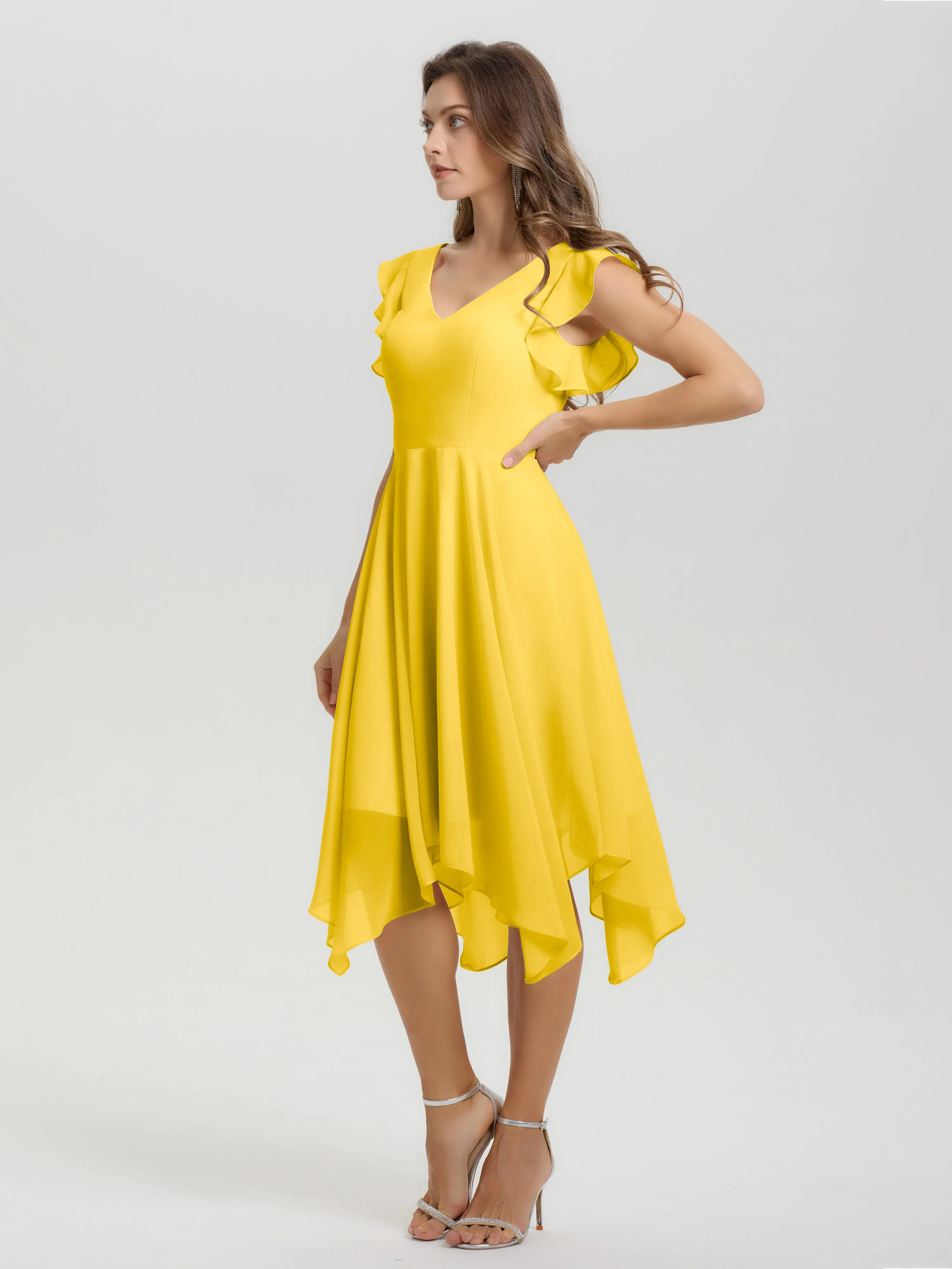 Ruffle Sleeves V-neck Asymmetrical Tea Length Chiffon Bridesmaid Dresses