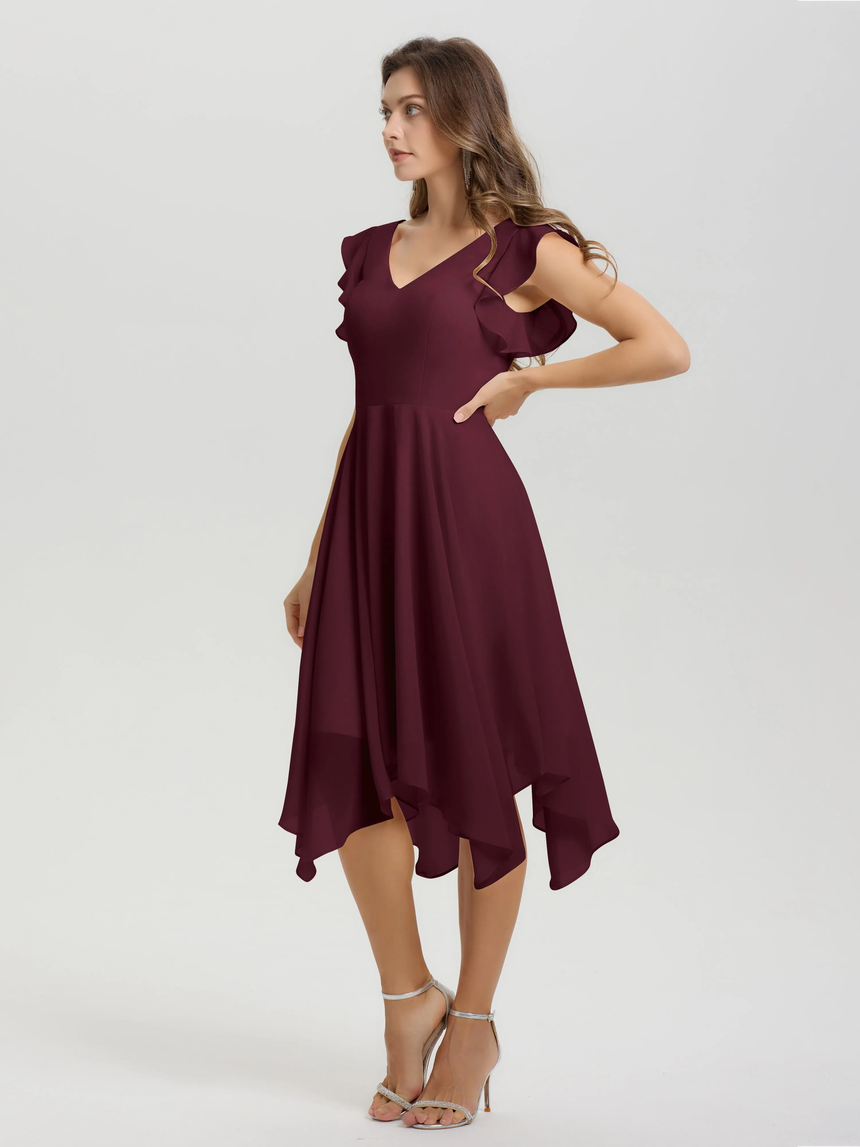 Ruffle Sleeves V-neck Asymmetrical Tea Length Chiffon Bridesmaid Dresses