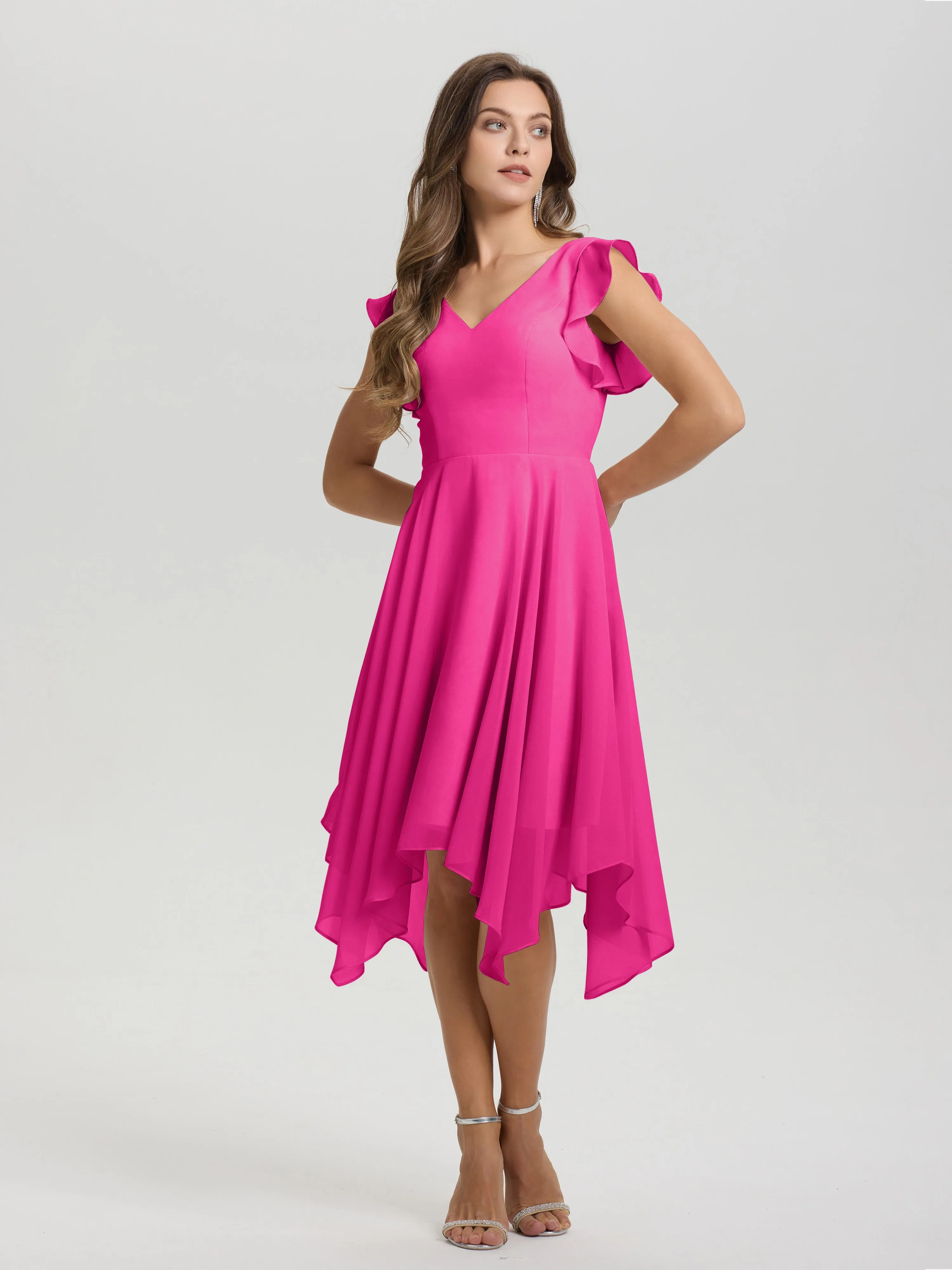 Ruffle Sleeves V-neck Asymmetrical Tea Length Chiffon Bridesmaid Dresses