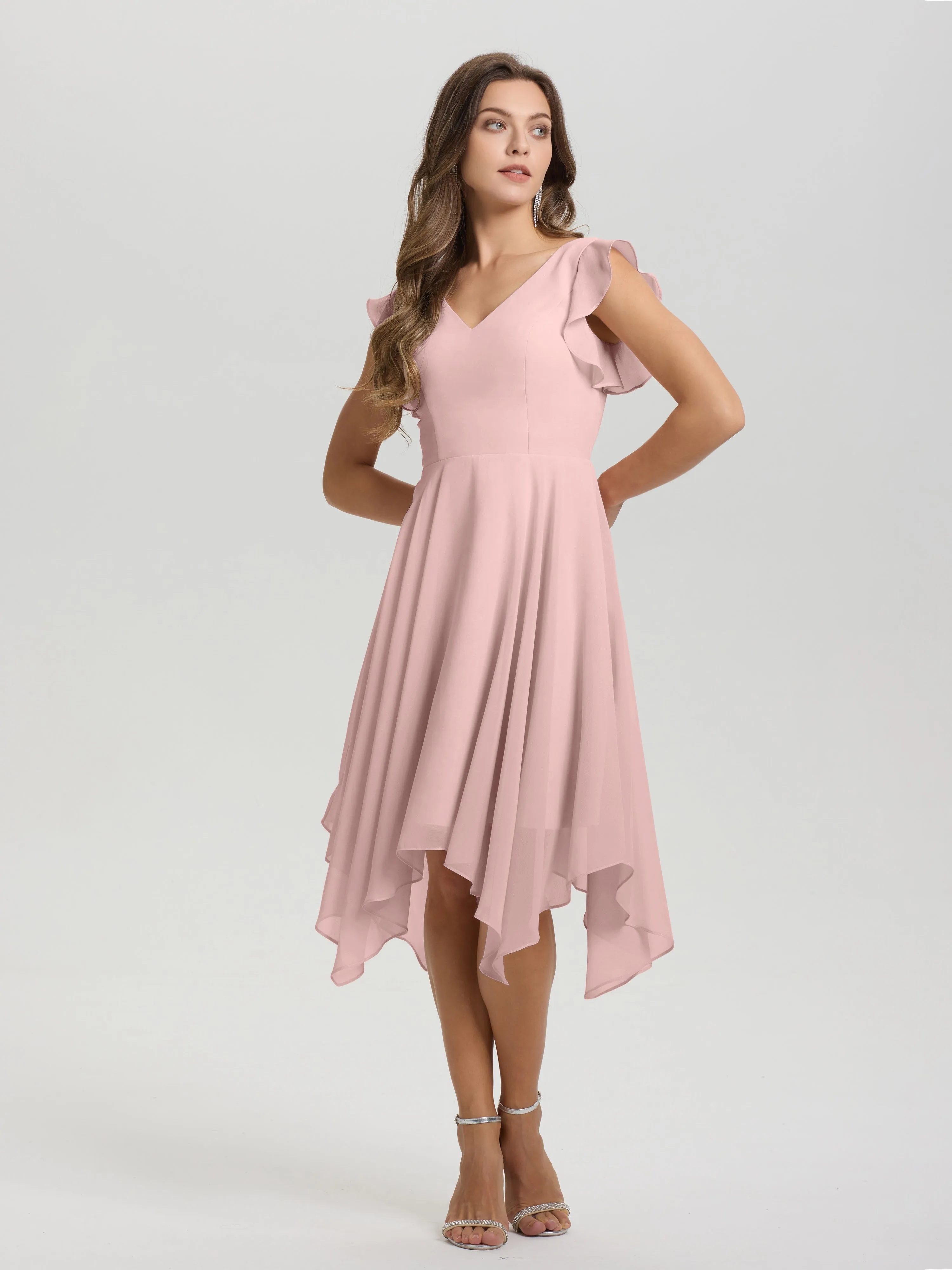 Ruffle Sleeves V-neck Asymmetrical Tea Length Chiffon Bridesmaid Dresses