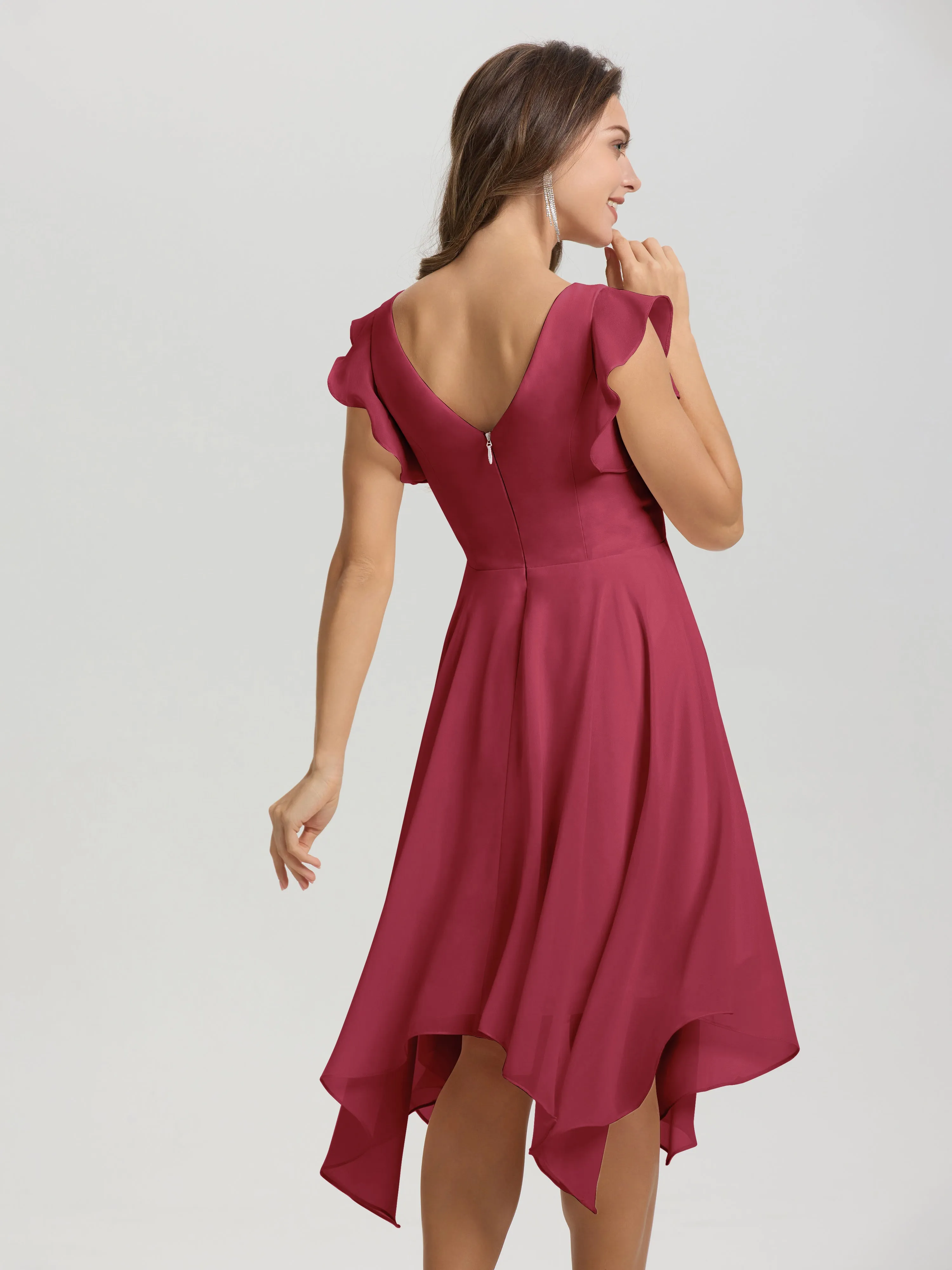 Ruffle Sleeves V-neck Asymmetrical Tea Length Chiffon Bridesmaid Dresses