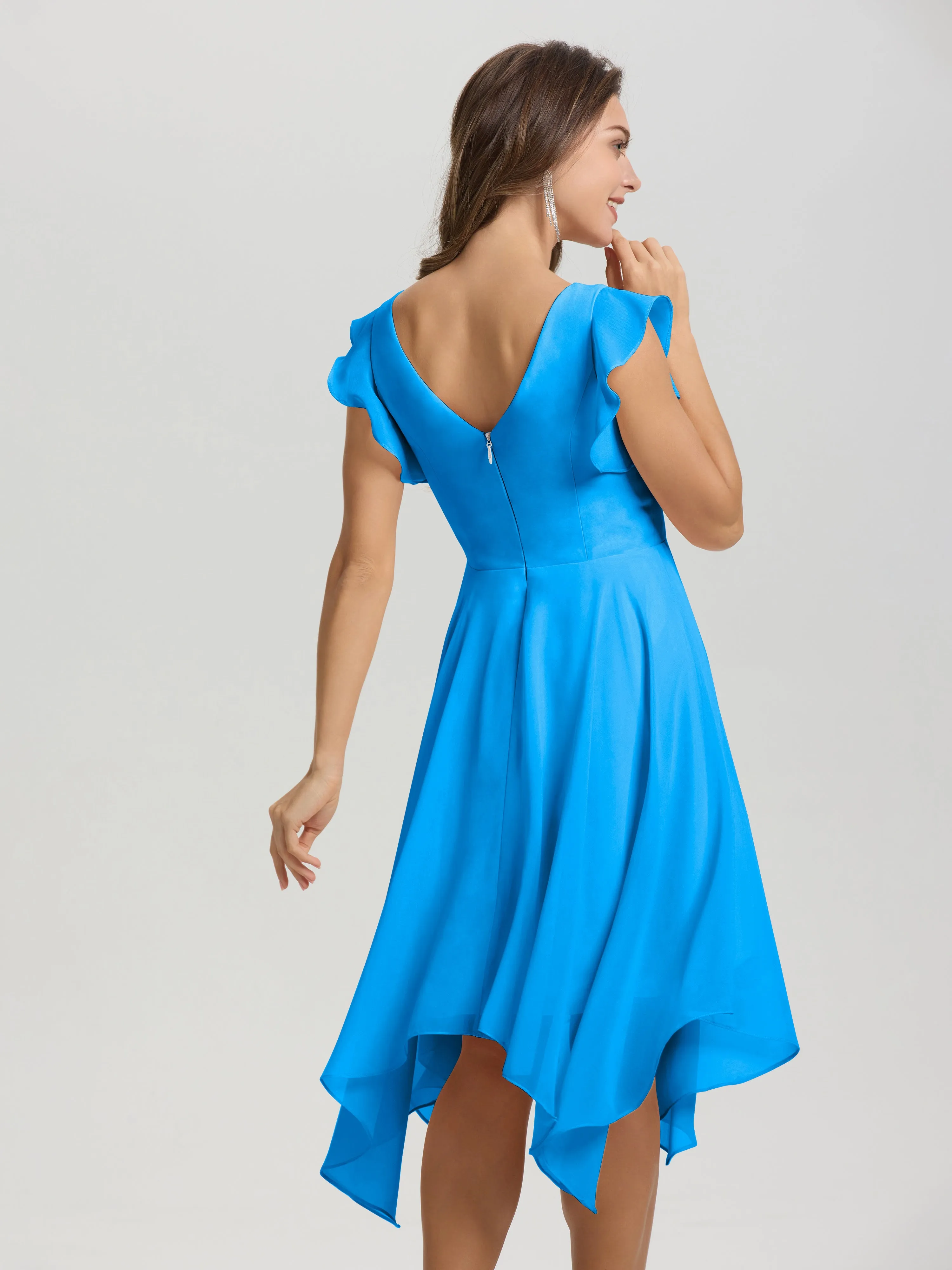 Ruffle Sleeves V-neck Asymmetrical Tea Length Chiffon Bridesmaid Dresses