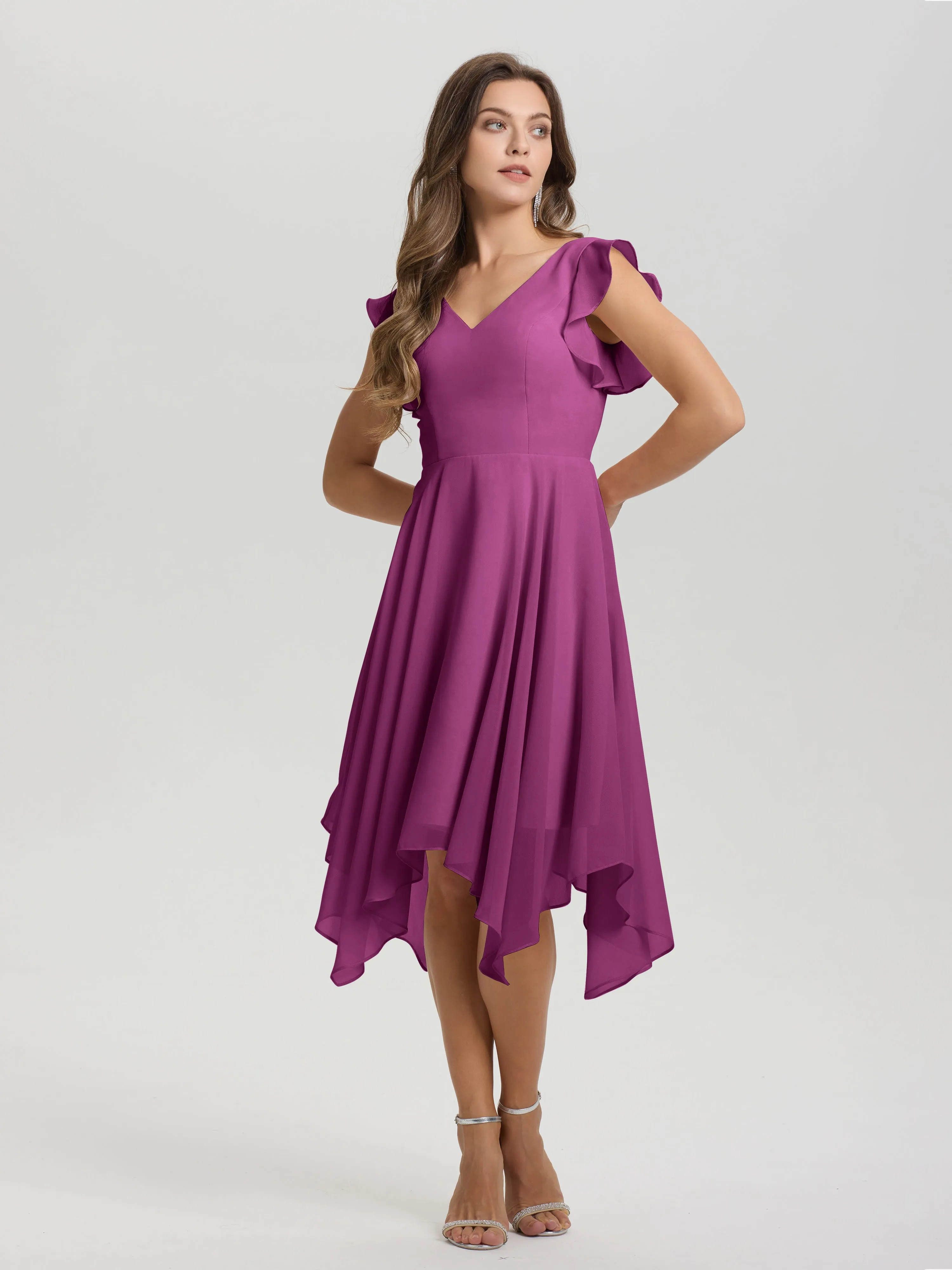 Ruffle Sleeves V-neck Asymmetrical Tea Length Chiffon Bridesmaid Dresses