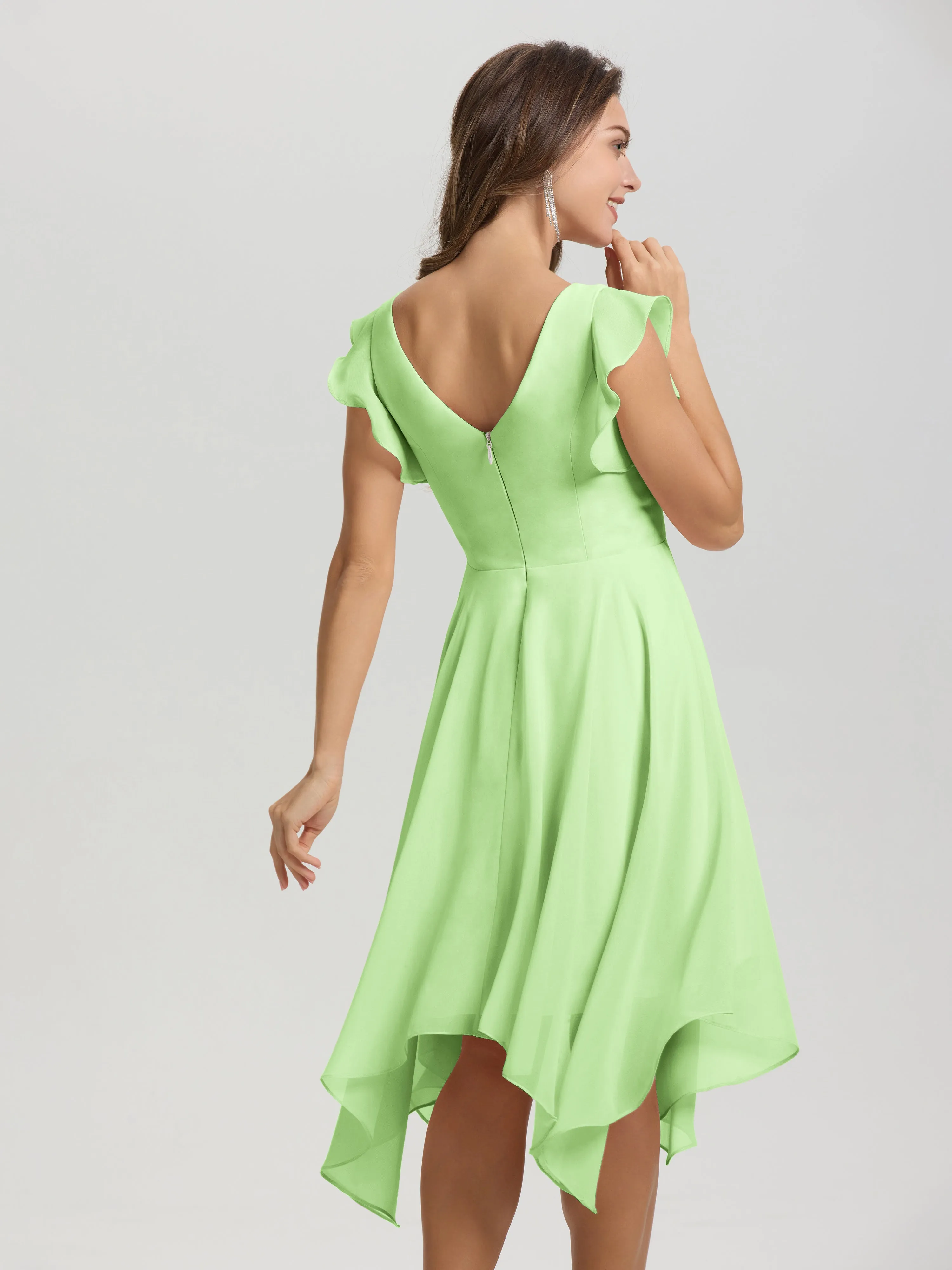 Ruffle Sleeves V-neck Asymmetrical Tea Length Chiffon Bridesmaid Dresses