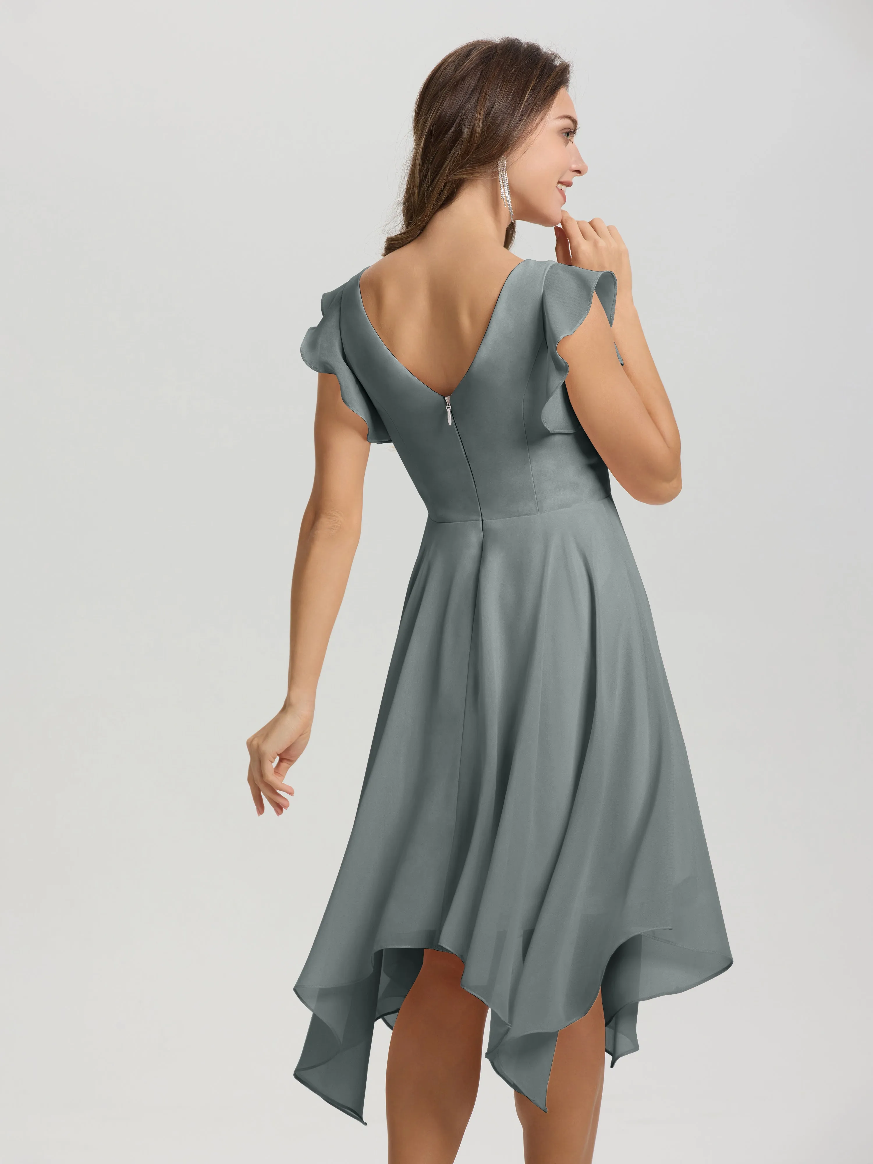 Ruffle Sleeves V-neck Asymmetrical Tea Length Chiffon Bridesmaid Dresses