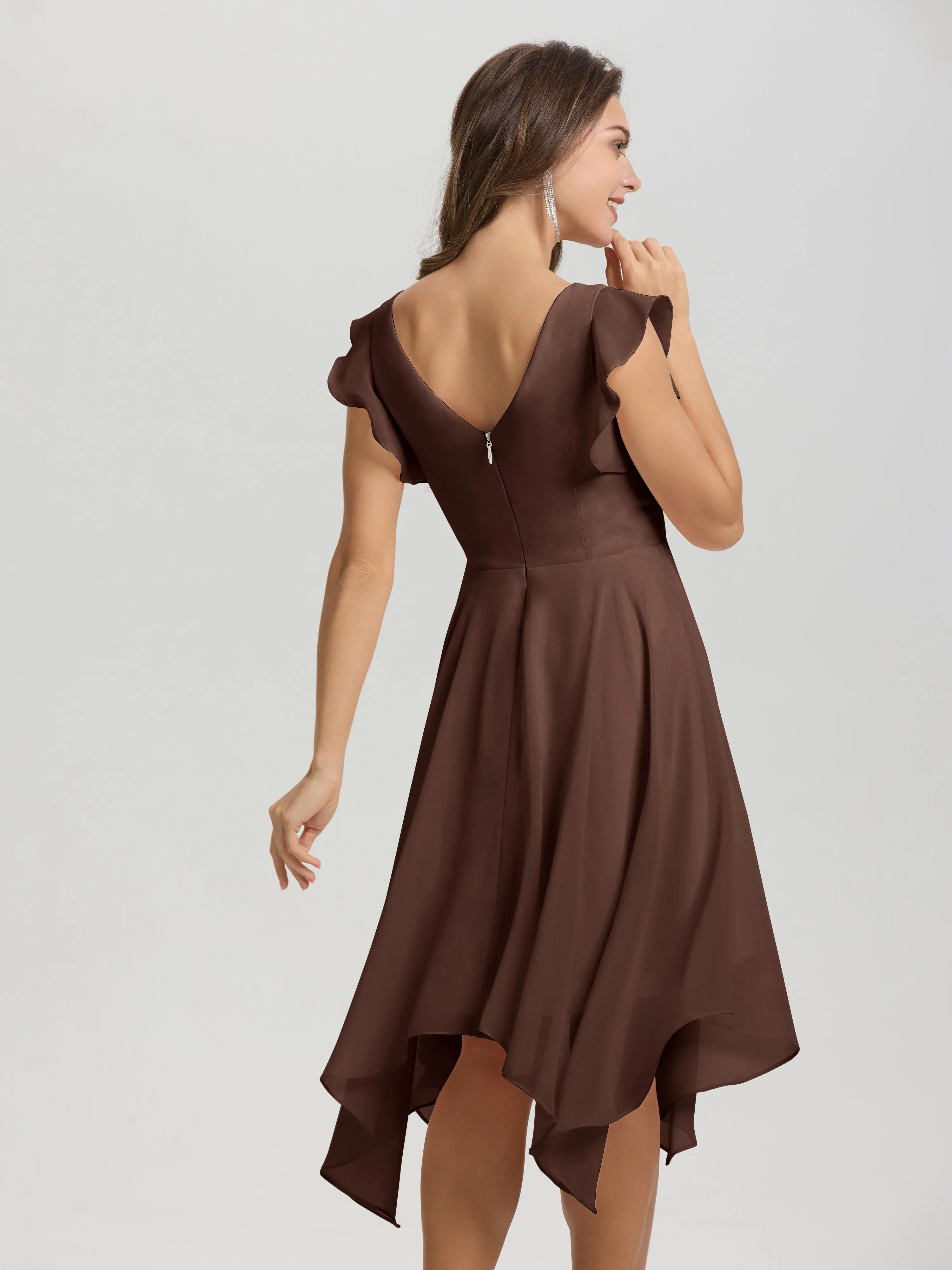 Ruffle Sleeves V-neck Asymmetrical Tea Length Chiffon Bridesmaid Dresses