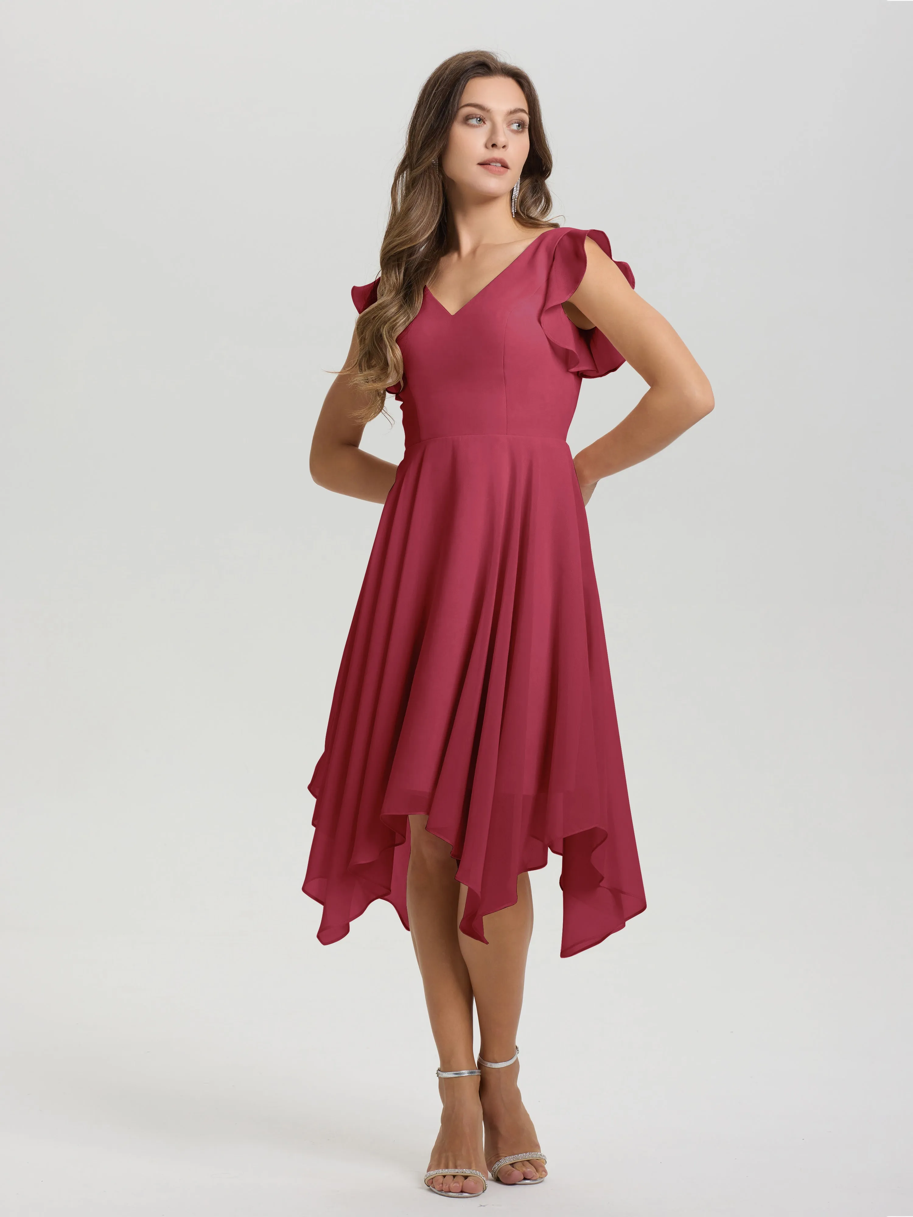 Ruffle Sleeves V-neck Asymmetrical Tea Length Chiffon Bridesmaid Dresses