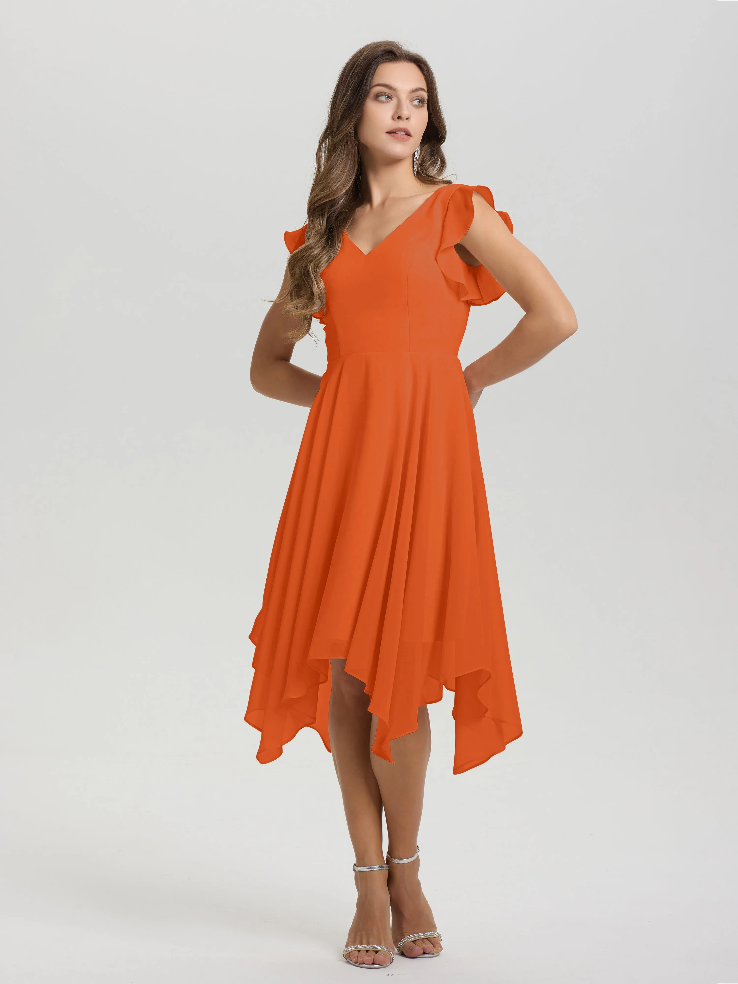 Ruffle Sleeves V-neck Asymmetrical Tea Length Chiffon Bridesmaid Dresses