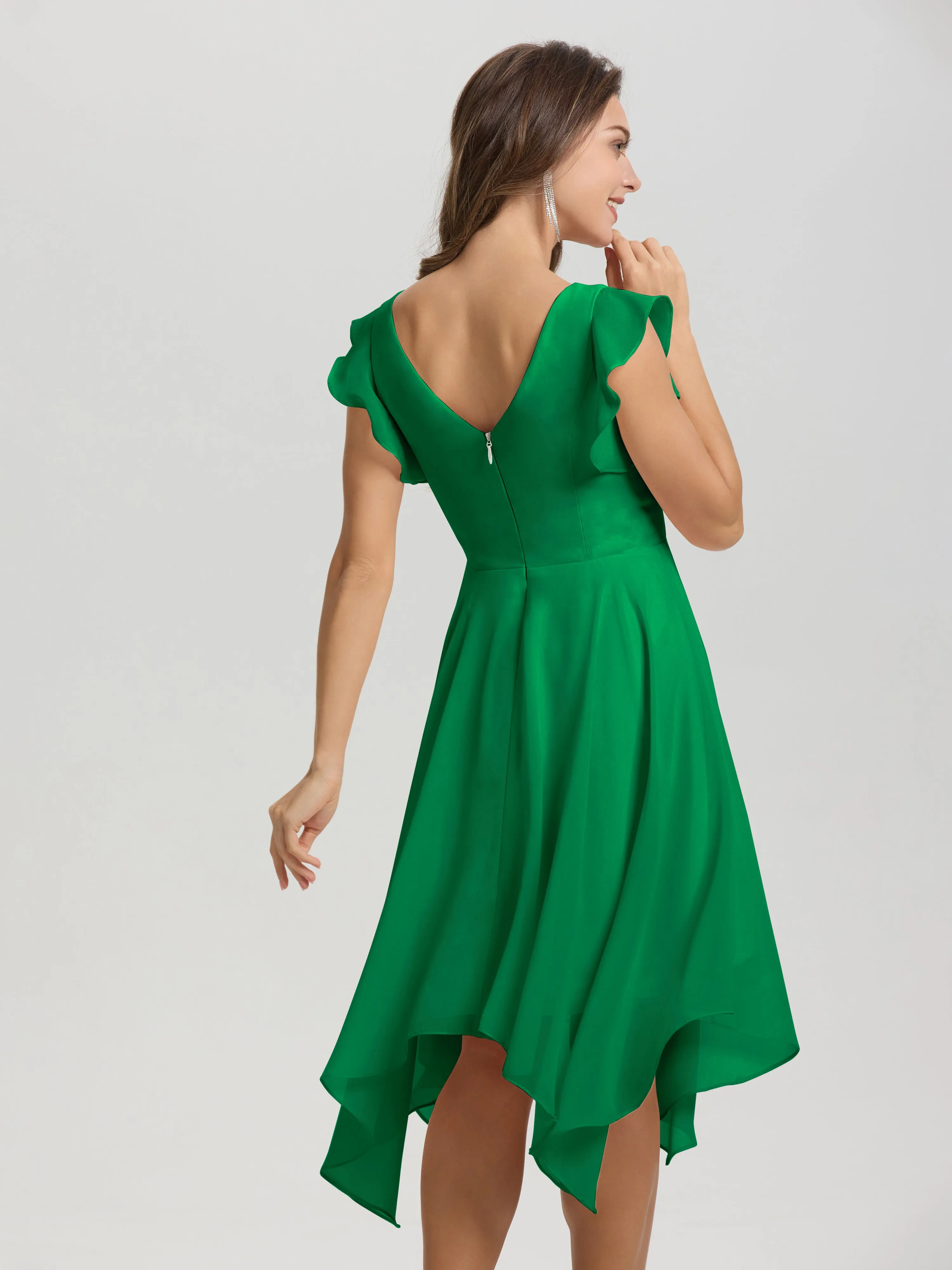 Ruffle Sleeves V-neck Asymmetrical Tea Length Chiffon Bridesmaid Dresses