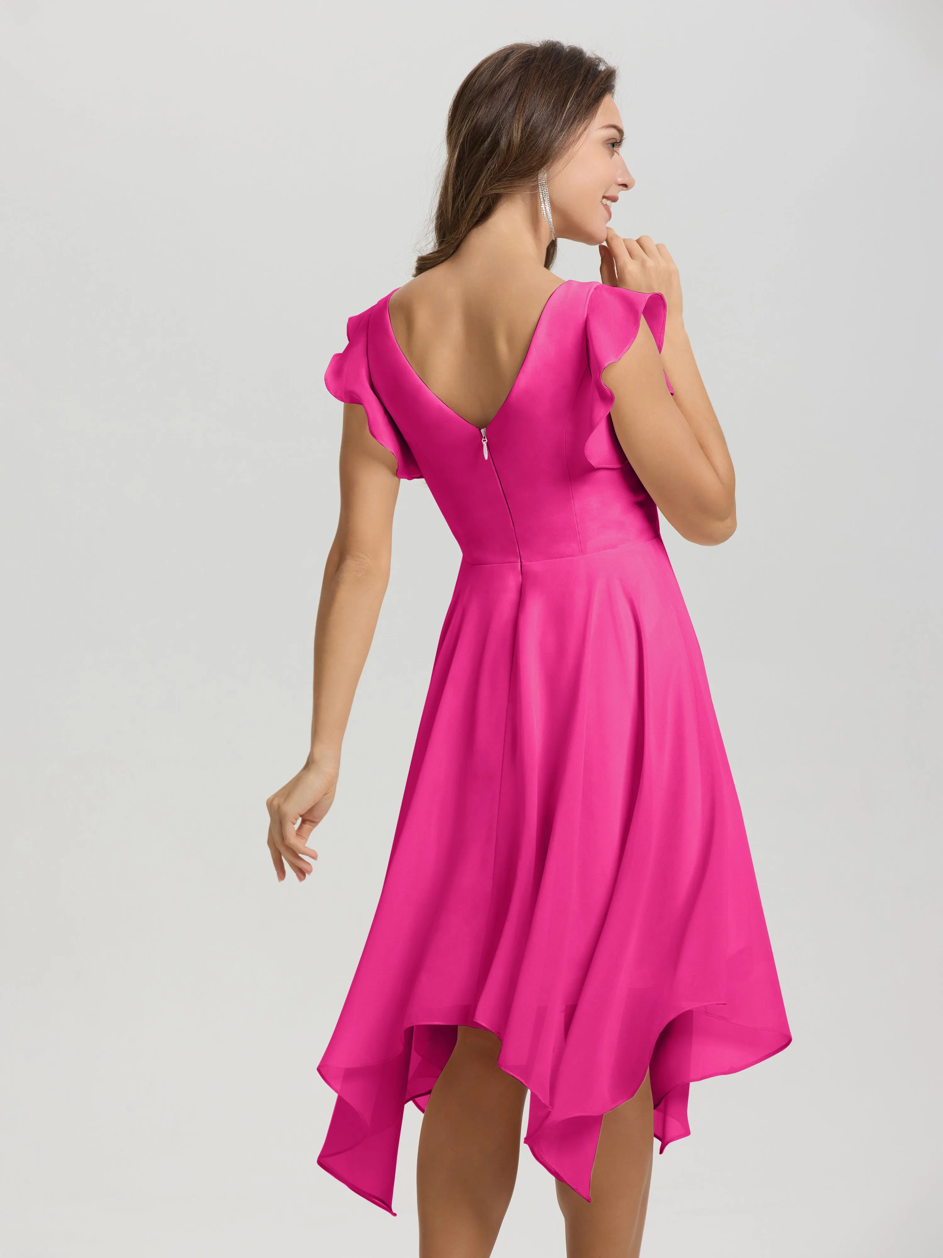 Ruffle Sleeves V-neck Asymmetrical Tea Length Chiffon Bridesmaid Dresses