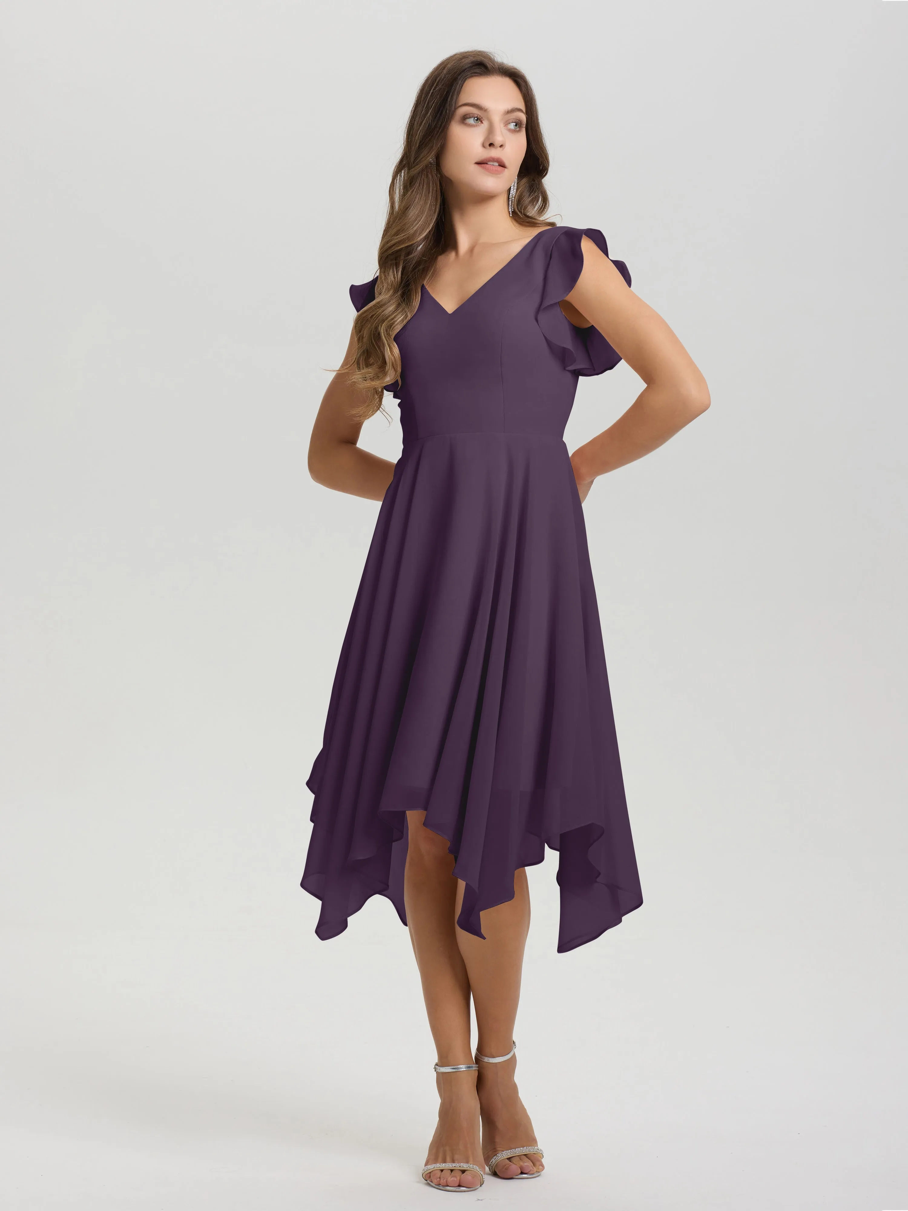 Ruffle Sleeves V-neck Asymmetrical Tea Length Chiffon Bridesmaid Dresses