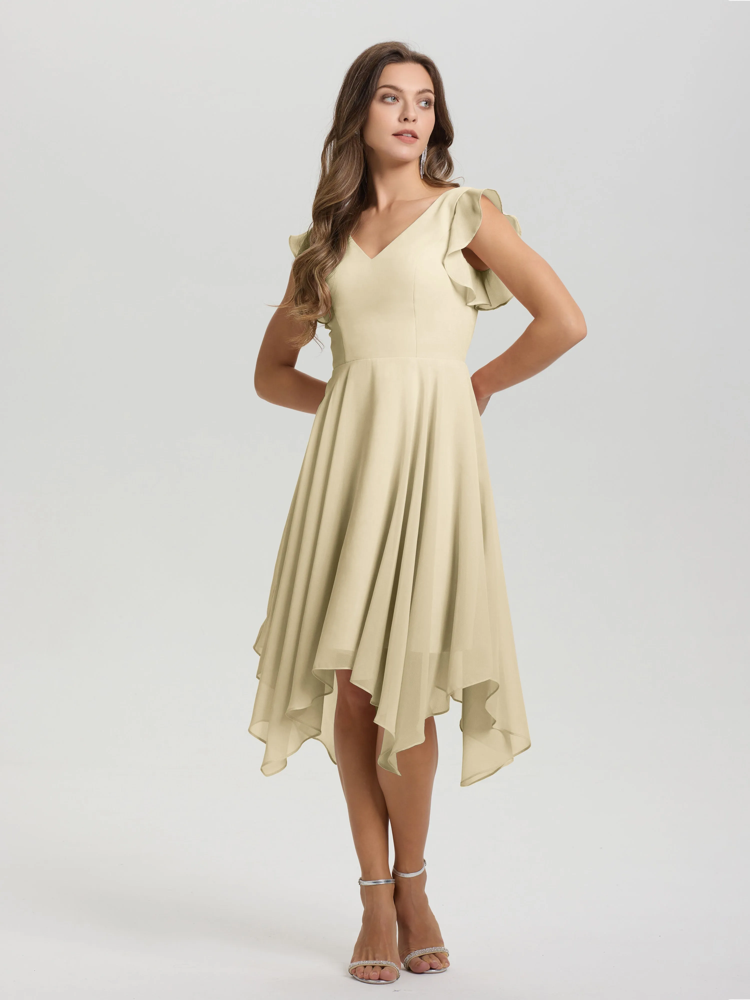 Ruffle Sleeves V-neck Asymmetrical Tea Length Chiffon Bridesmaid Dresses