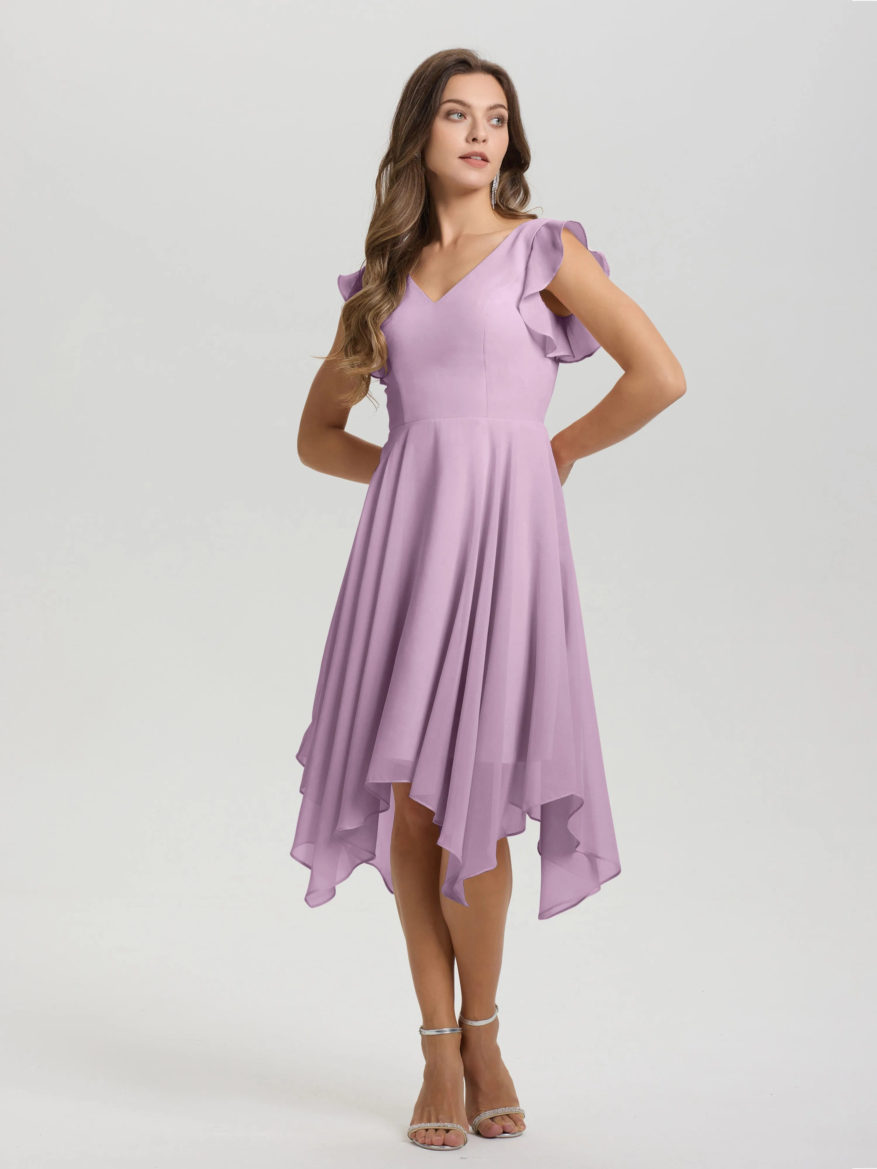 Ruffle Sleeves V-neck Asymmetrical Tea Length Chiffon Bridesmaid Dresses