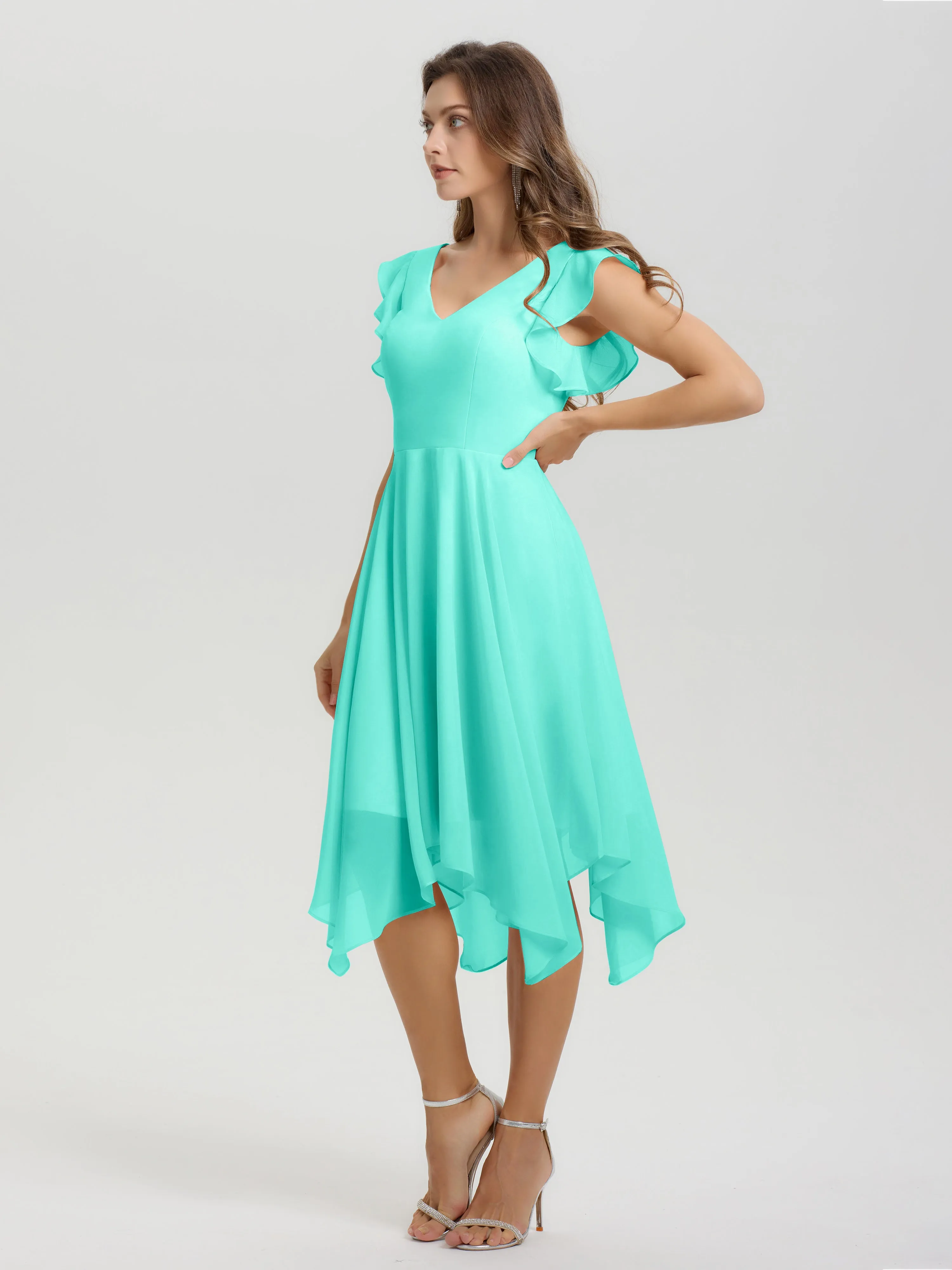 Ruffle Sleeves V-neck Asymmetrical Tea Length Chiffon Bridesmaid Dresses
