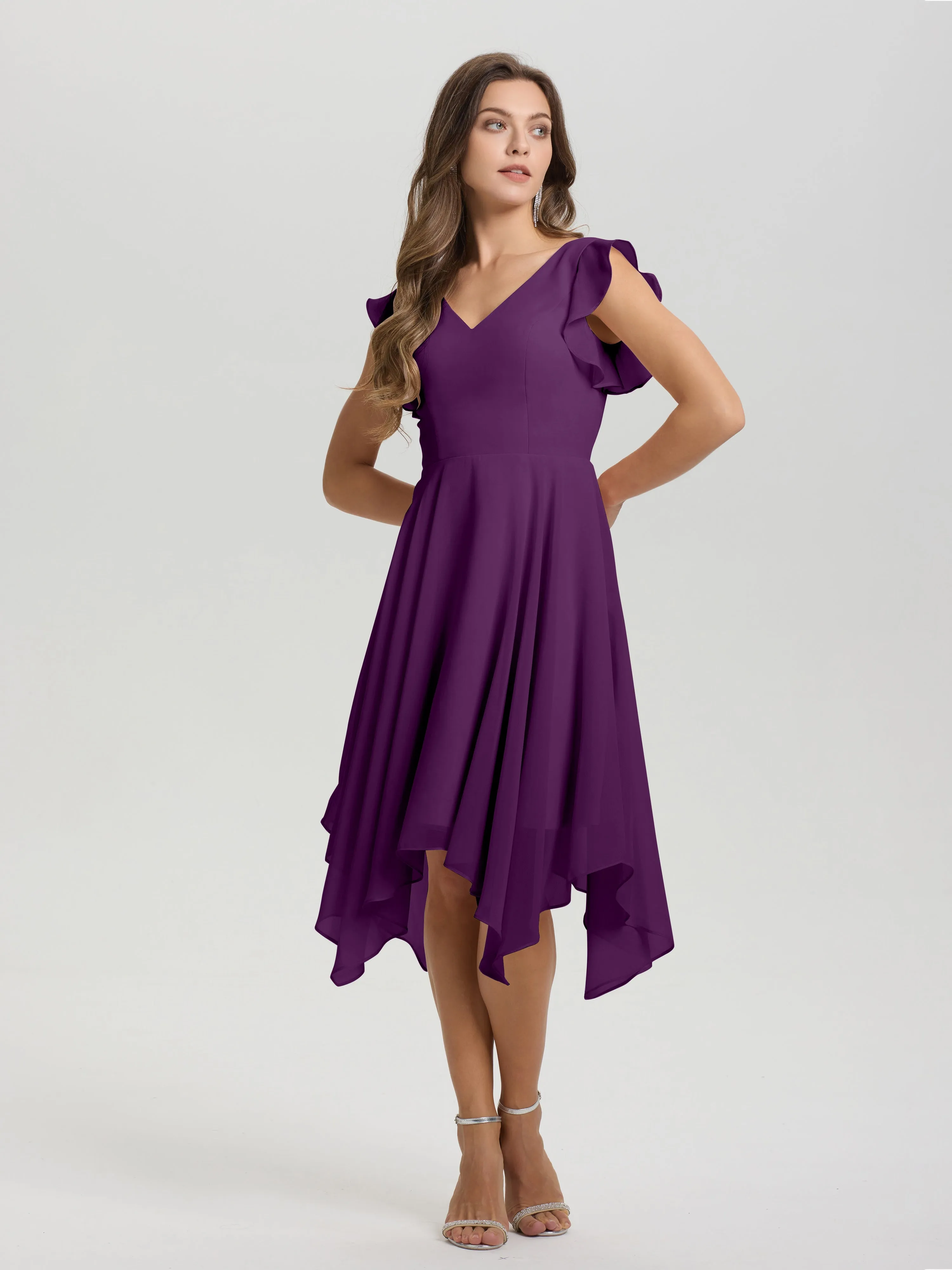 Ruffle Sleeves V-neck Asymmetrical Tea Length Chiffon Bridesmaid Dresses