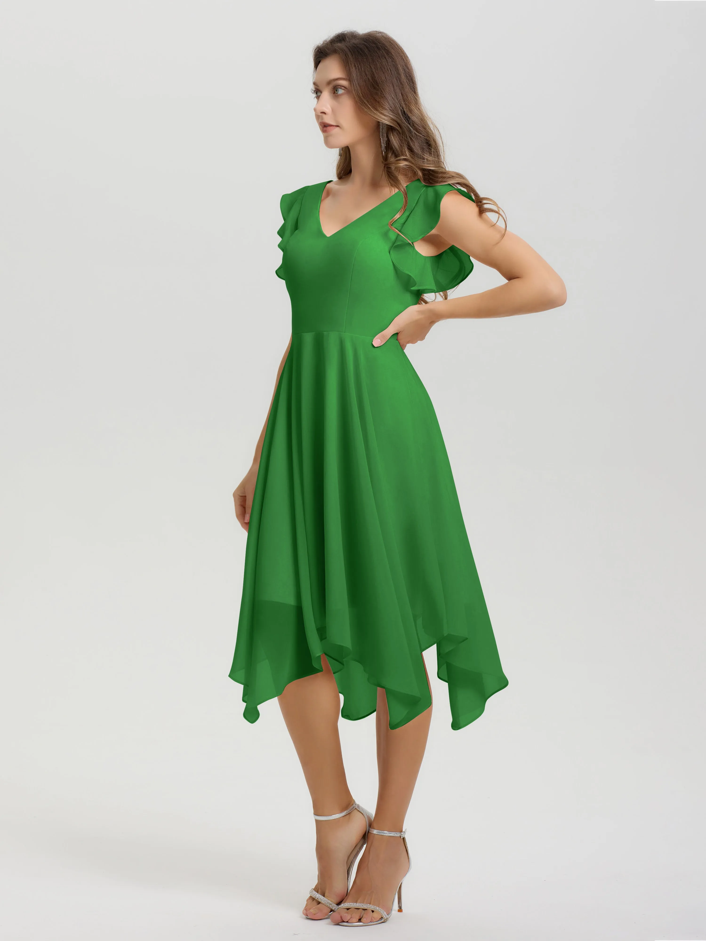 Ruffle Sleeves V-neck Asymmetrical Tea Length Chiffon Bridesmaid Dresses