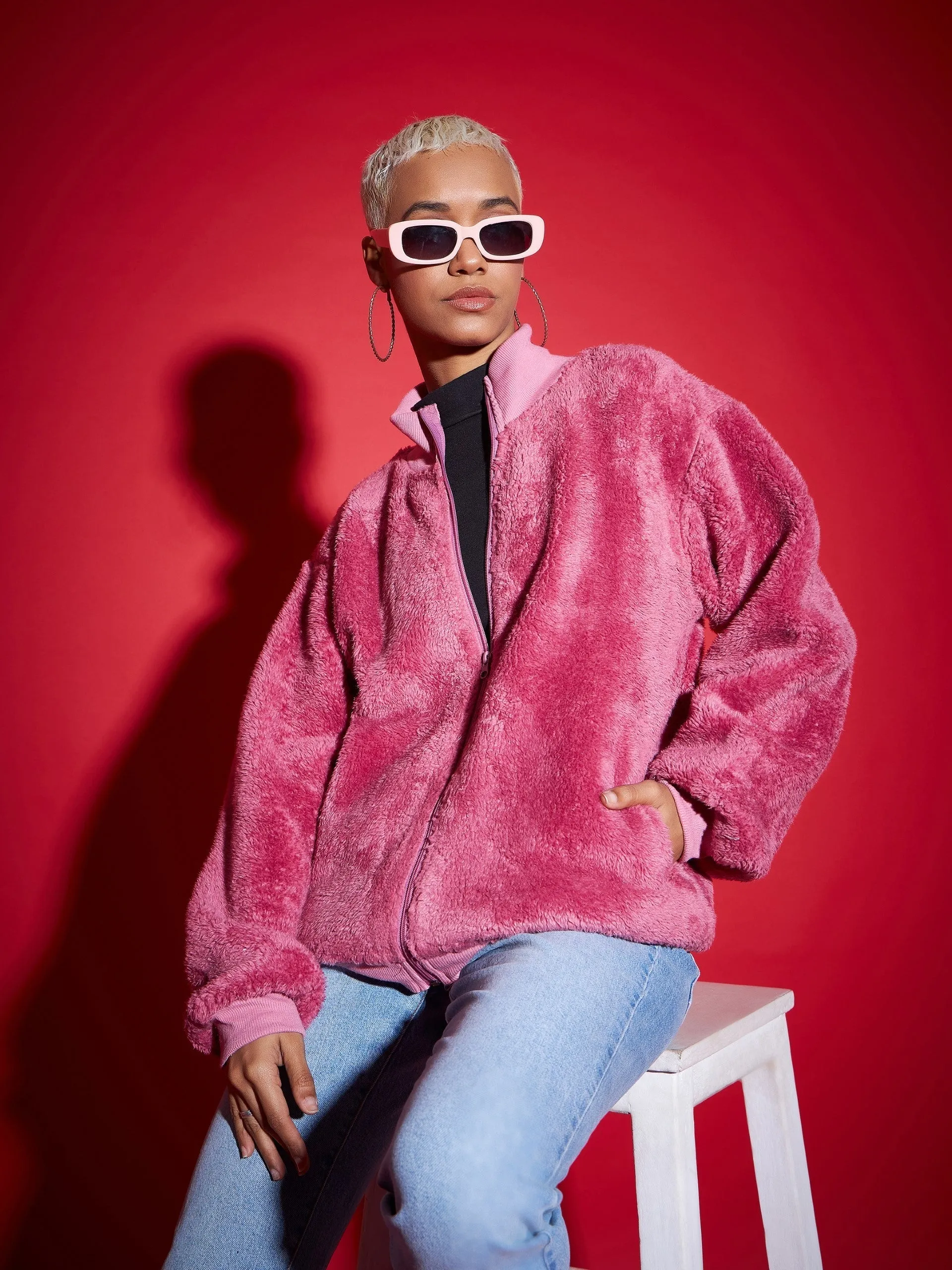 Women Pink Fur Front Zipper High Neck Jacket