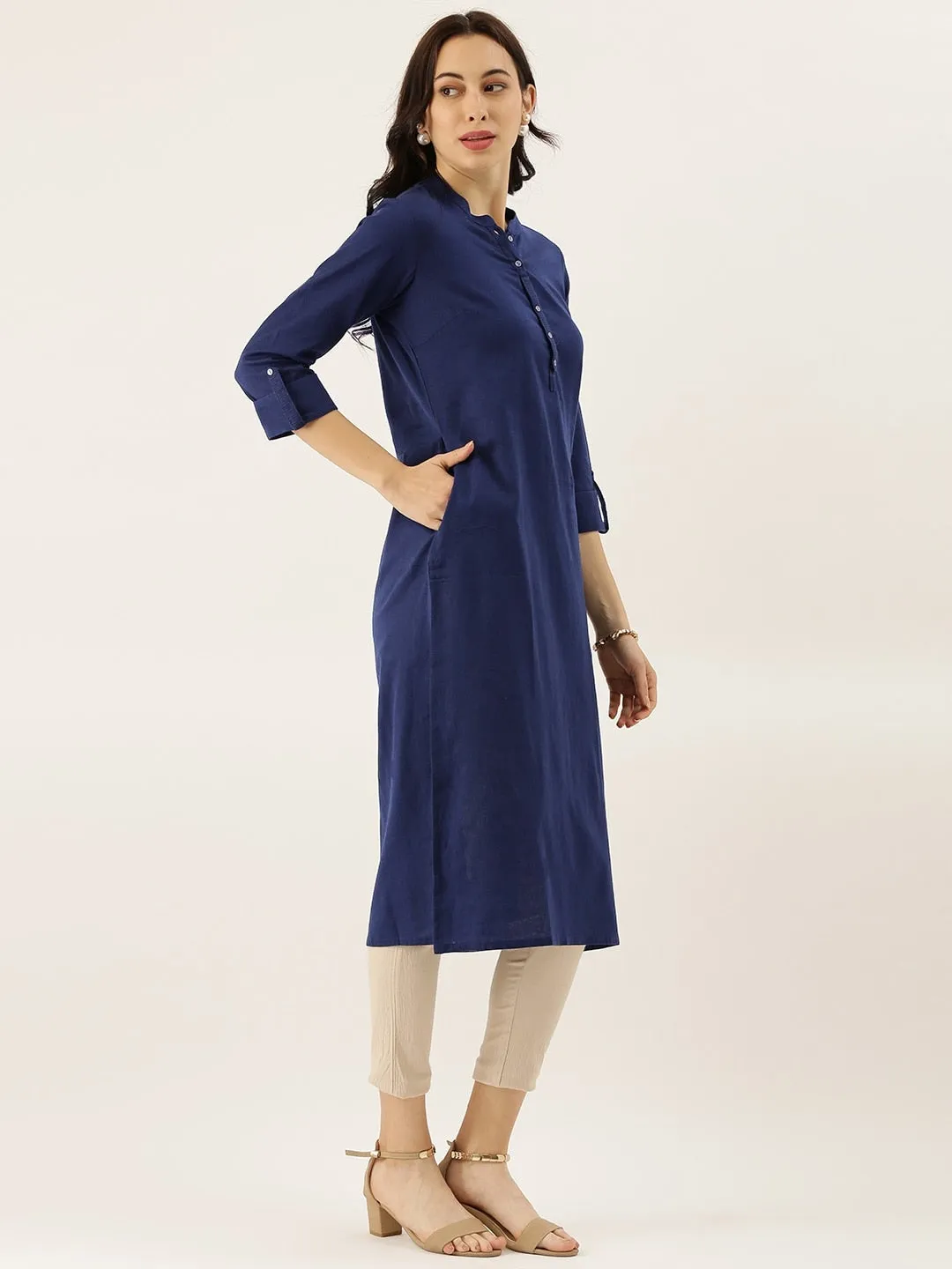 Women'S Blue Solid Straight Roll Up Sleeve Kurti